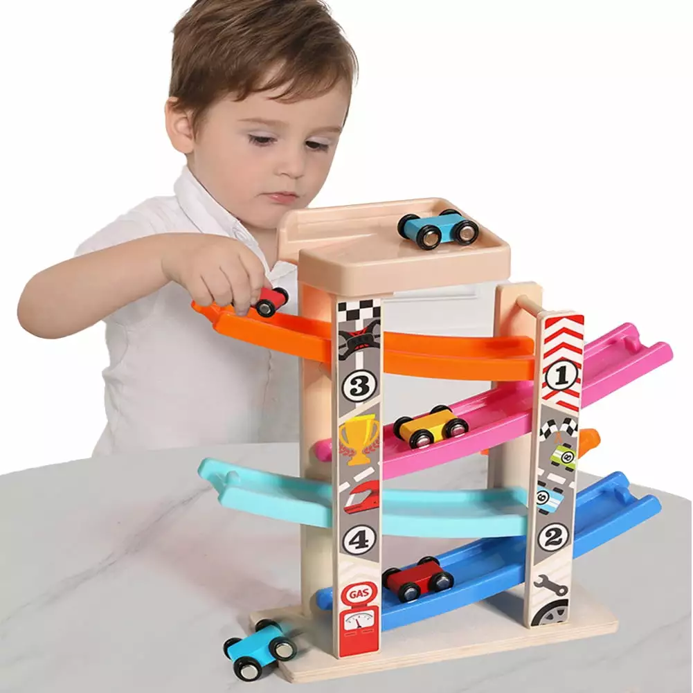 KYAIGUO Kids Cars Tracks Toys.4 Layer Tracks Tower with 6 Cars Baby Toys Reusable Wooden Track Toys Set for Toddler Baby 3+ Years Old