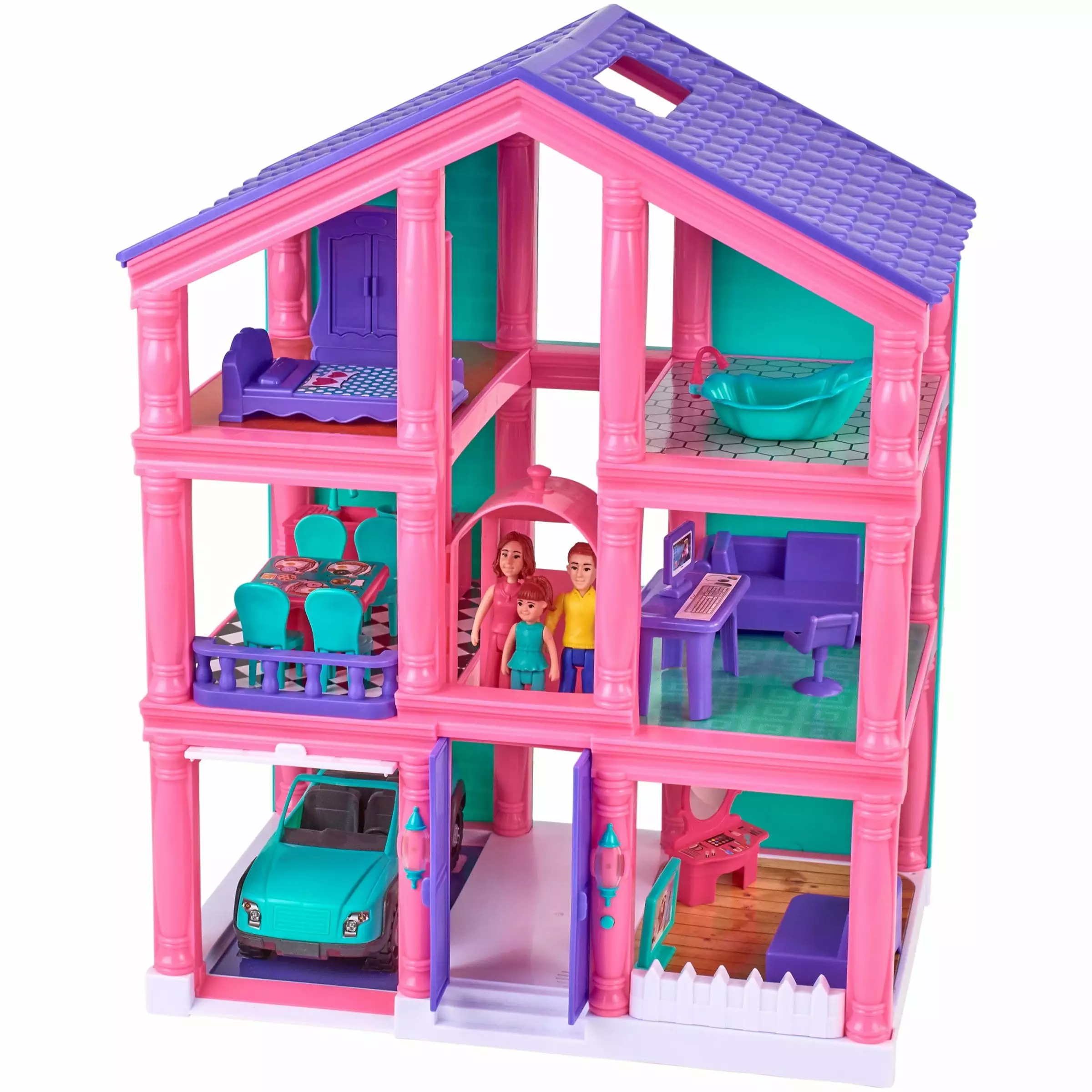 Kid Connection 3-Story Dollhouse Play Set with Working Garage and Elevator. 24 Pieces