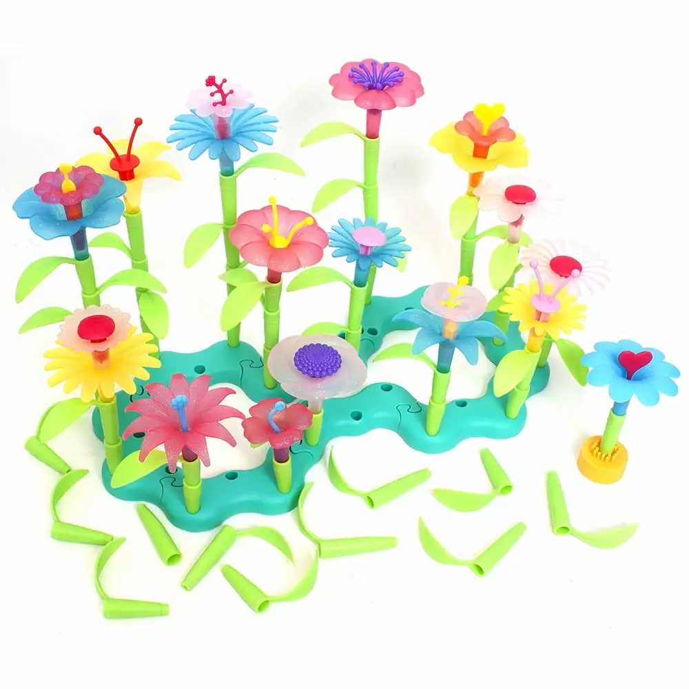 Kid Connection Build Your Own Garden Playset - 169-Piece Creative Floral Toy Set with Convenient Storage Bucket for Endless Fun. Ages 3+