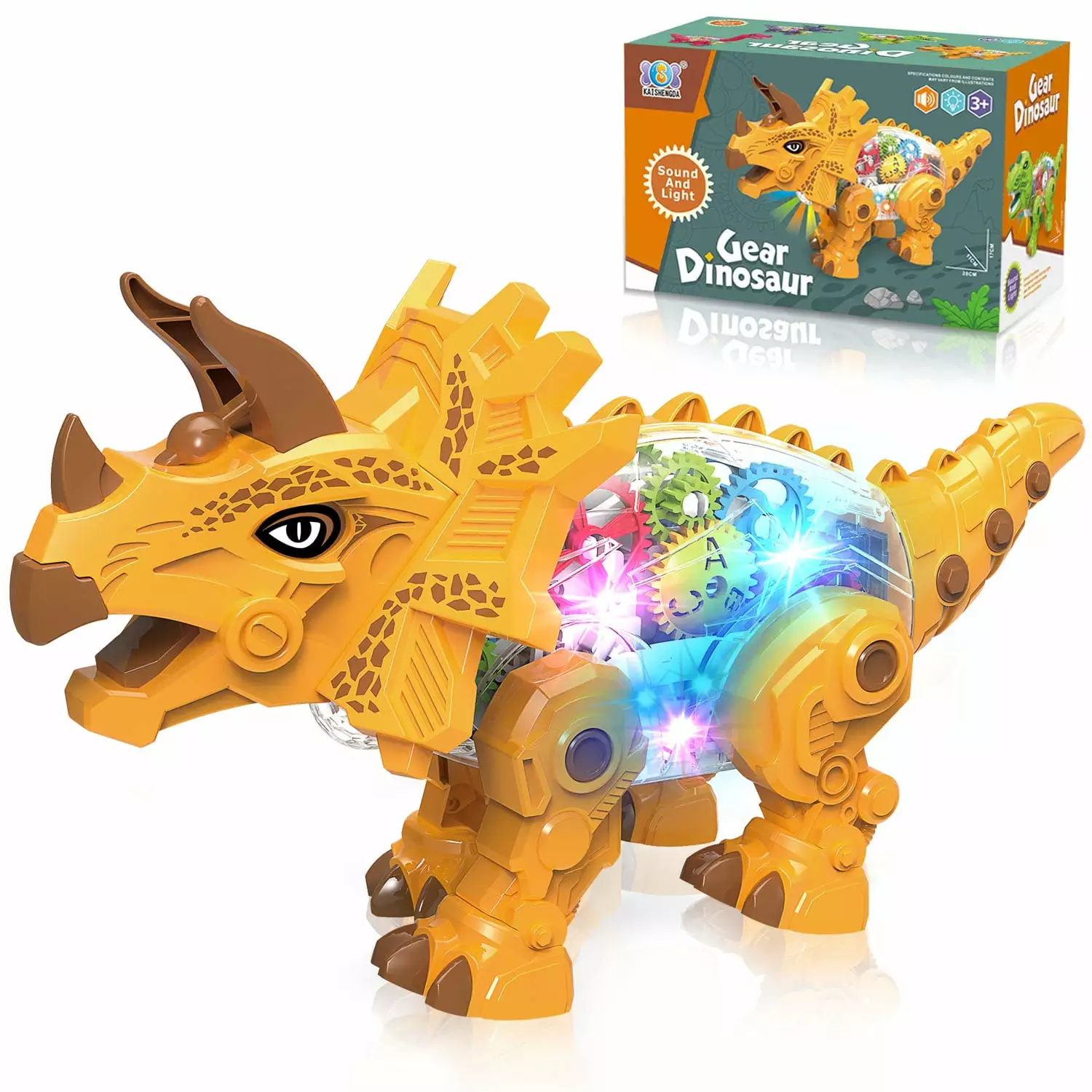 Kid Odyssey Dinosaur Toy for Boys. Light Up Transparent Gear Dinosaur Toy. Electric Walking Dinosaur Toys with Visible Moving Colorful Gears Dino Car Toy with Lights. Music & Universal Wheel