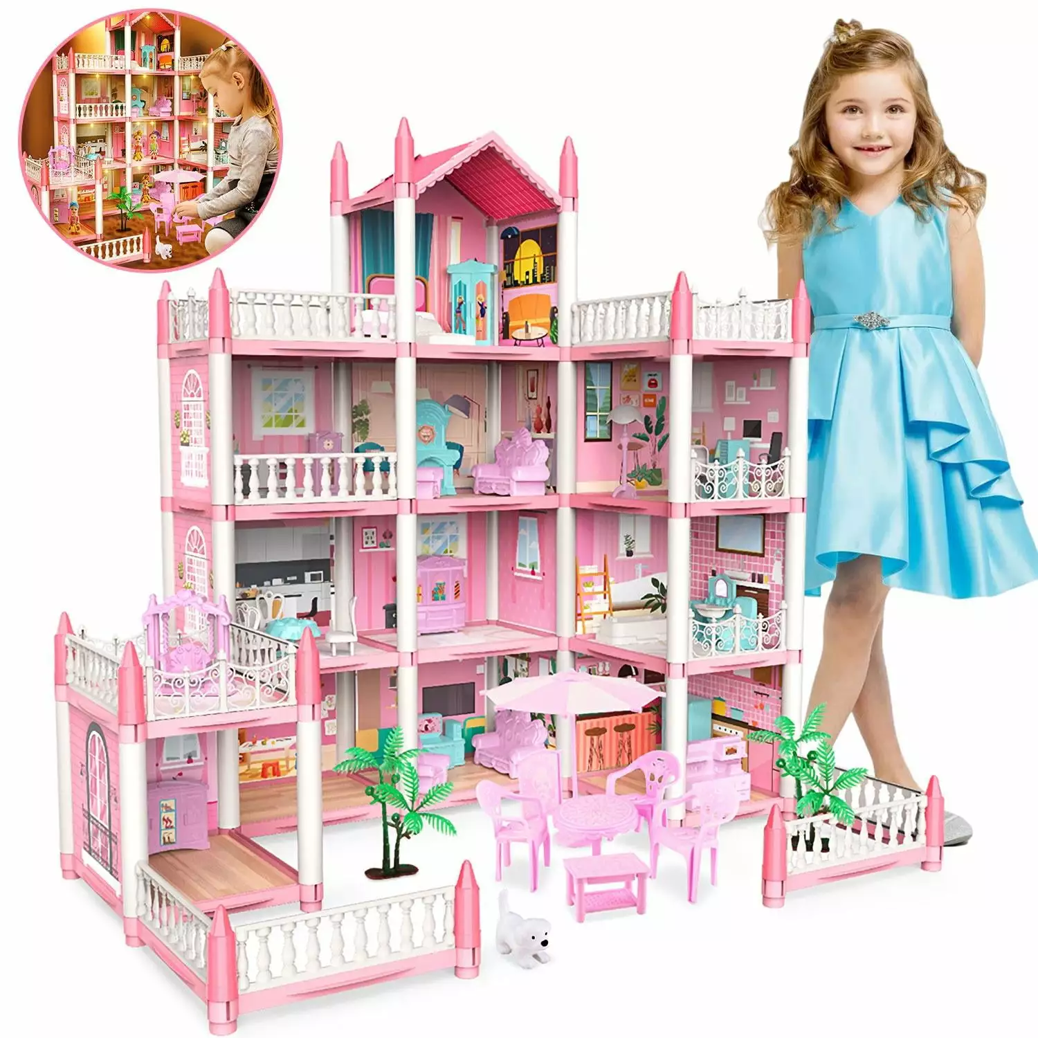 Kid Odyssey Play Dollhouse with 4 Doll Toy Figures. 11 Rooms Furniture and and Colorful Lights. Creative Doll House Gift for Girls Ages 3+. Assemble Required. Pink