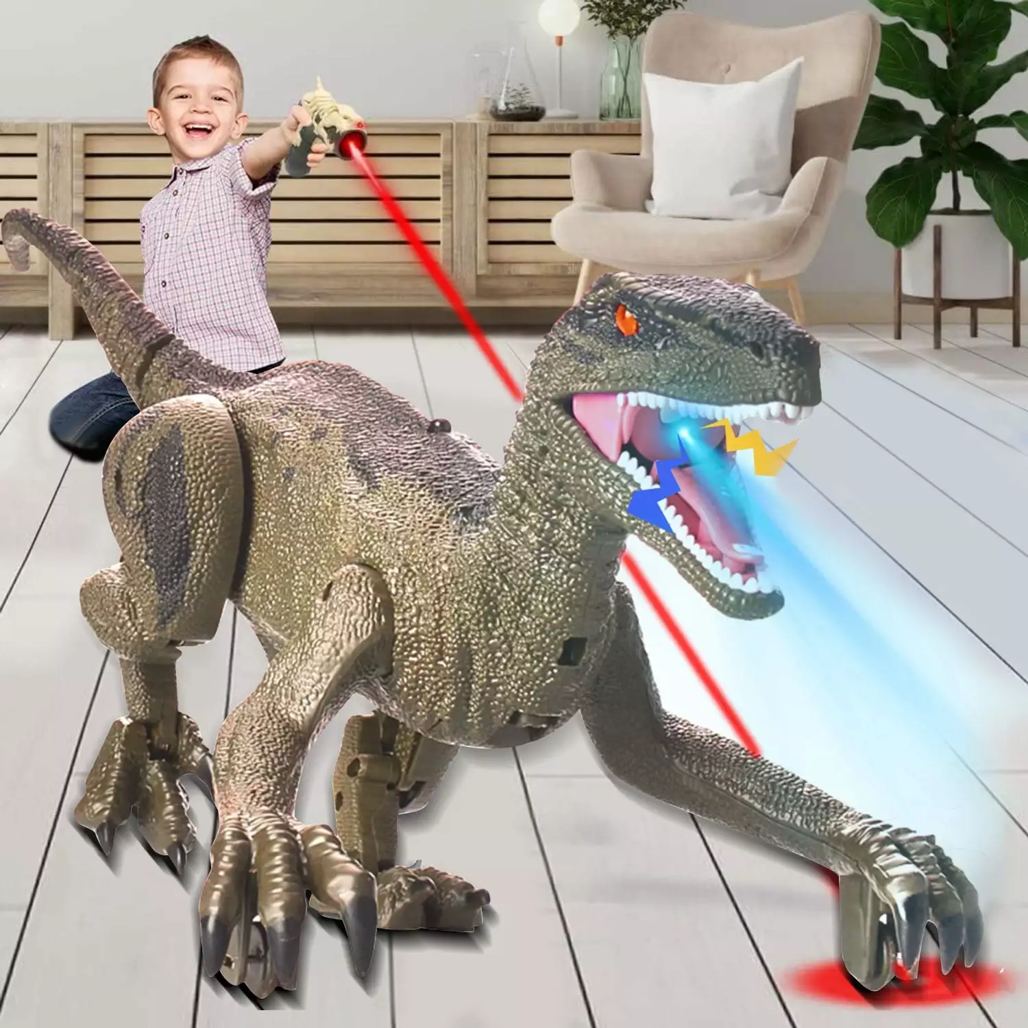 Kid Odyssey RC Dinosaur Toys. Electronic Pets Walking Dinosaur Interactive Toy w/Light Chasing Remote Control. Auto Spraying and Roaring. Jurassic Velociraptor Dinosaur Toys for Kids Boys Age 3+