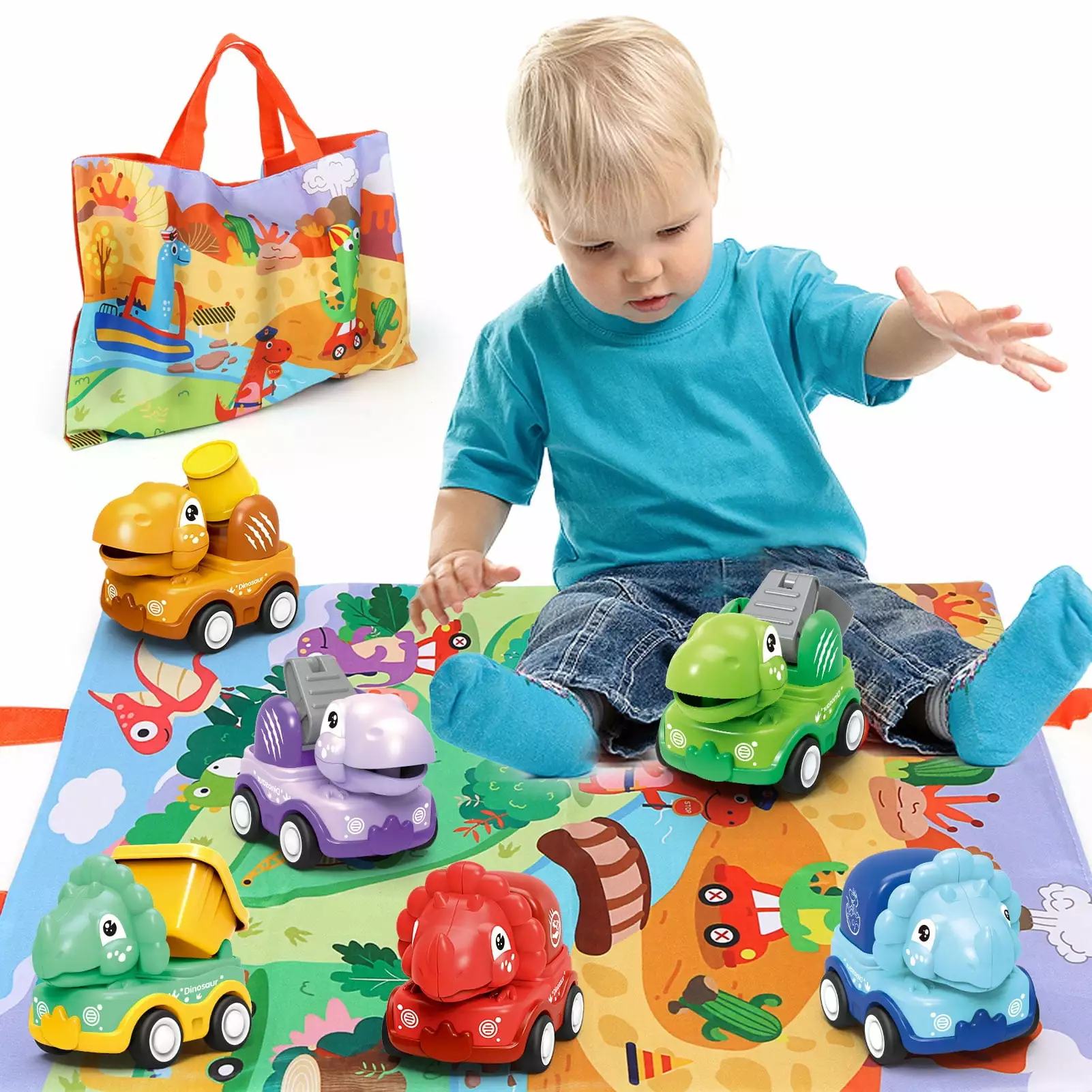 Kids Dinosaur Toy for 2 Year Old Boys. 6PCS Pull Back Construction Cars with Play Mat for Toddler. Baby Friction Power Vehicles Birthday Gift. Cartoon Dino Toy Cars for Kids 3-5