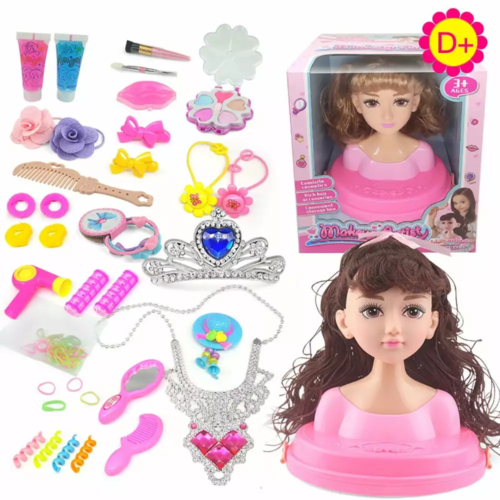 Kids Dolls Styling Head Makeup Comb Hair Toy Doll Set Pretend Play Princess Dressing Play Toys For Little Girls Makeup Learning Ideal Present