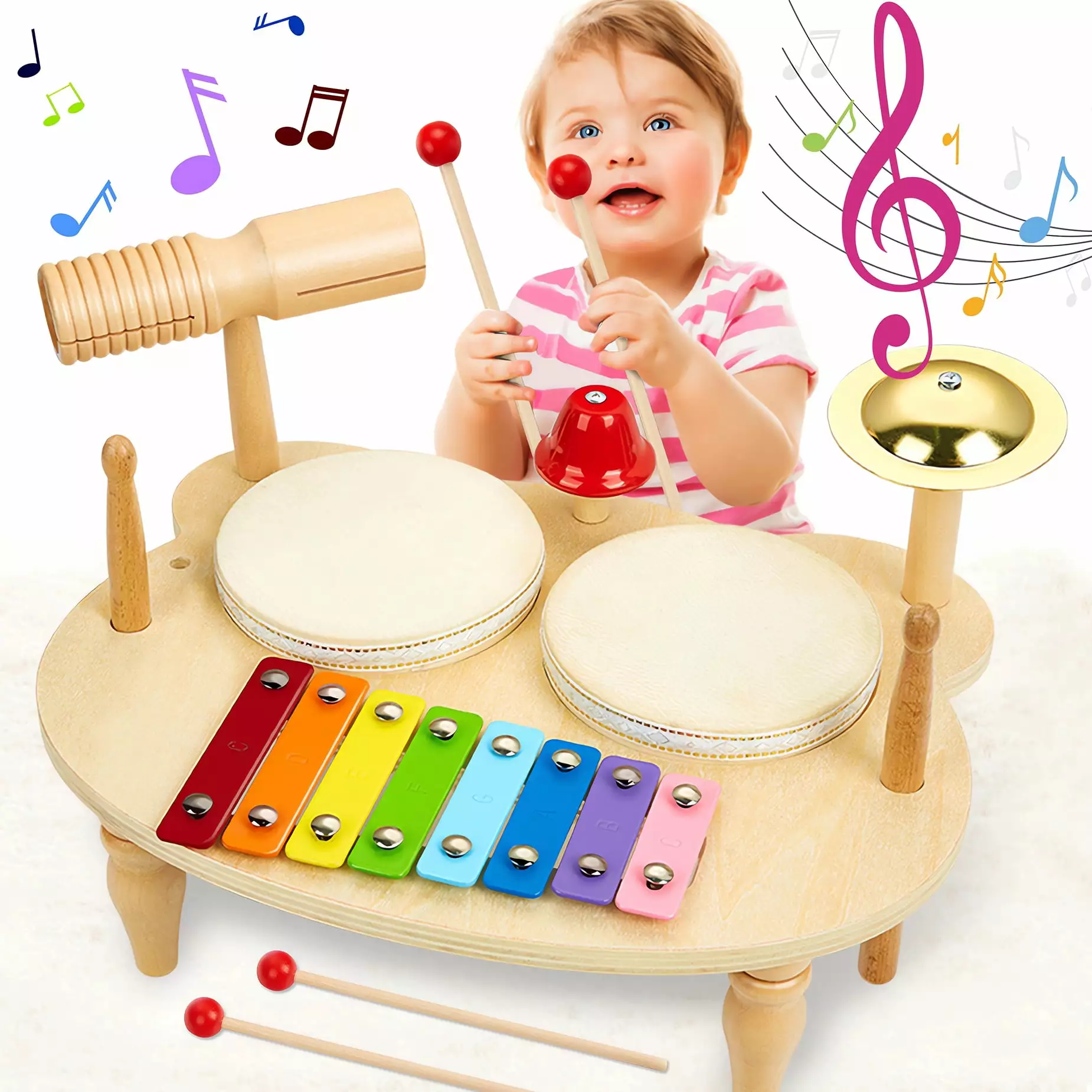 Kids Drum Set for Toddlers. Baby Music Instruments 7 in 1 Preschool Musical Montessori Toys for 1 2 3 Year Old. Children Drum kit Xylophone Tambourine Birthday Gifts for Boys and Girls