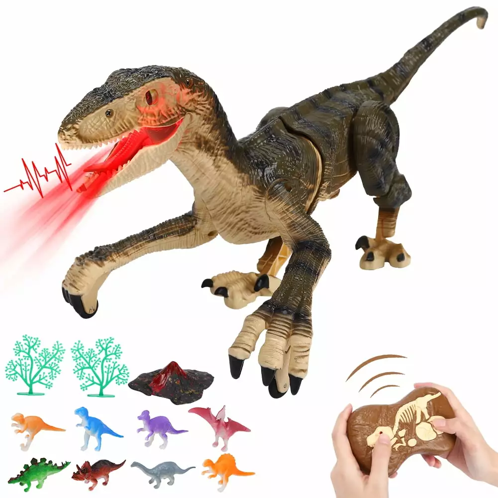 Kids Remote Control Dinosaur Toys. Walking Roaring Jurassic Velociraptor. 2.4Ghz Electronic Realistic Robot Toys with 3D Eyes. Roaring Sounds for Boys Girls