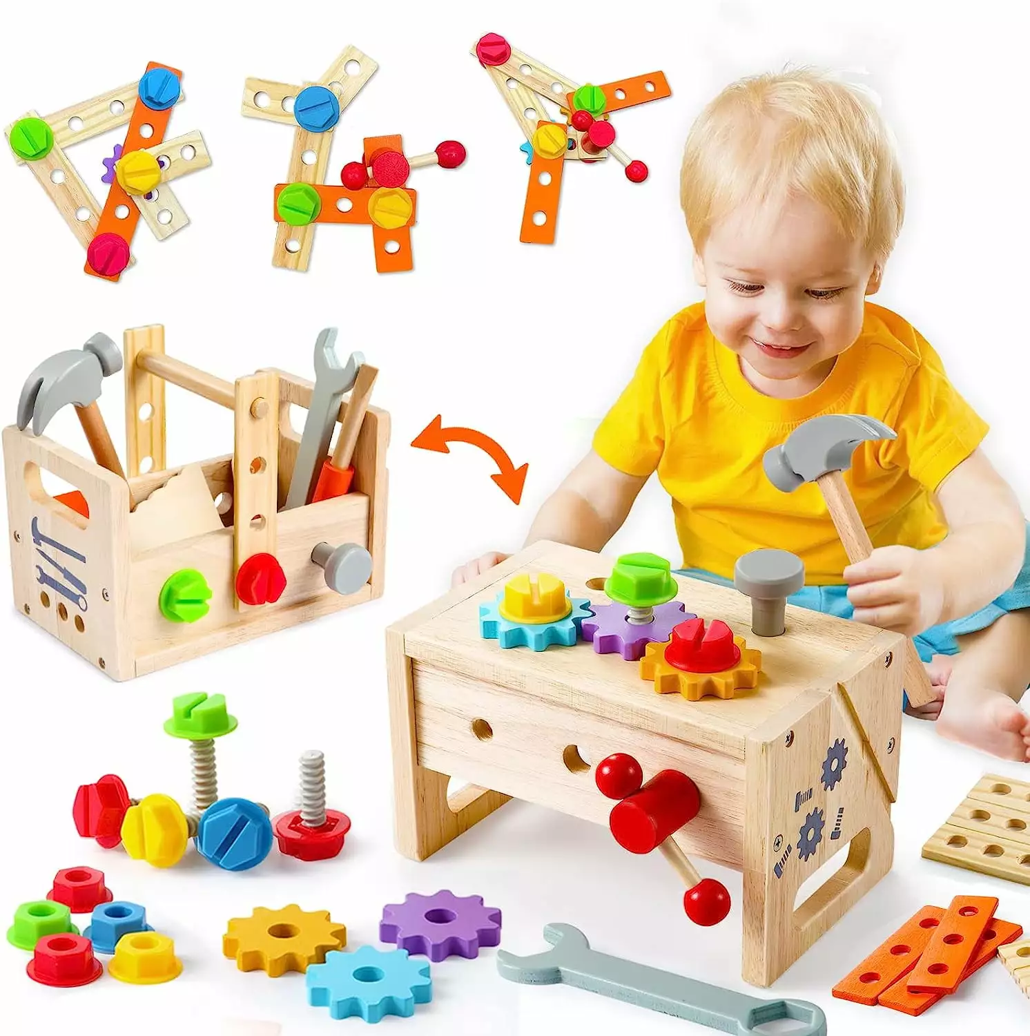 Kids Tool Bench Wooden Set Toys - Montessori Toys for 2 Year Old Workbench Boy Girl Construction Toys for 2 Year Old Boy Stem Toys Birthday Gifts for Boys & Girls