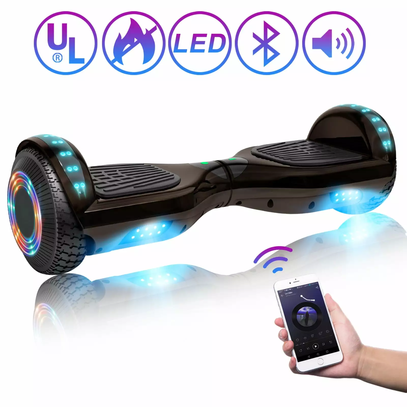 LIEAGLE 300W Hoverboard. Bluetooth Hoverboard with LED Lights. 6.5 inch Two Wheel Self Balancing Scooter for Kids. Teens and Adults. Chrome Grey