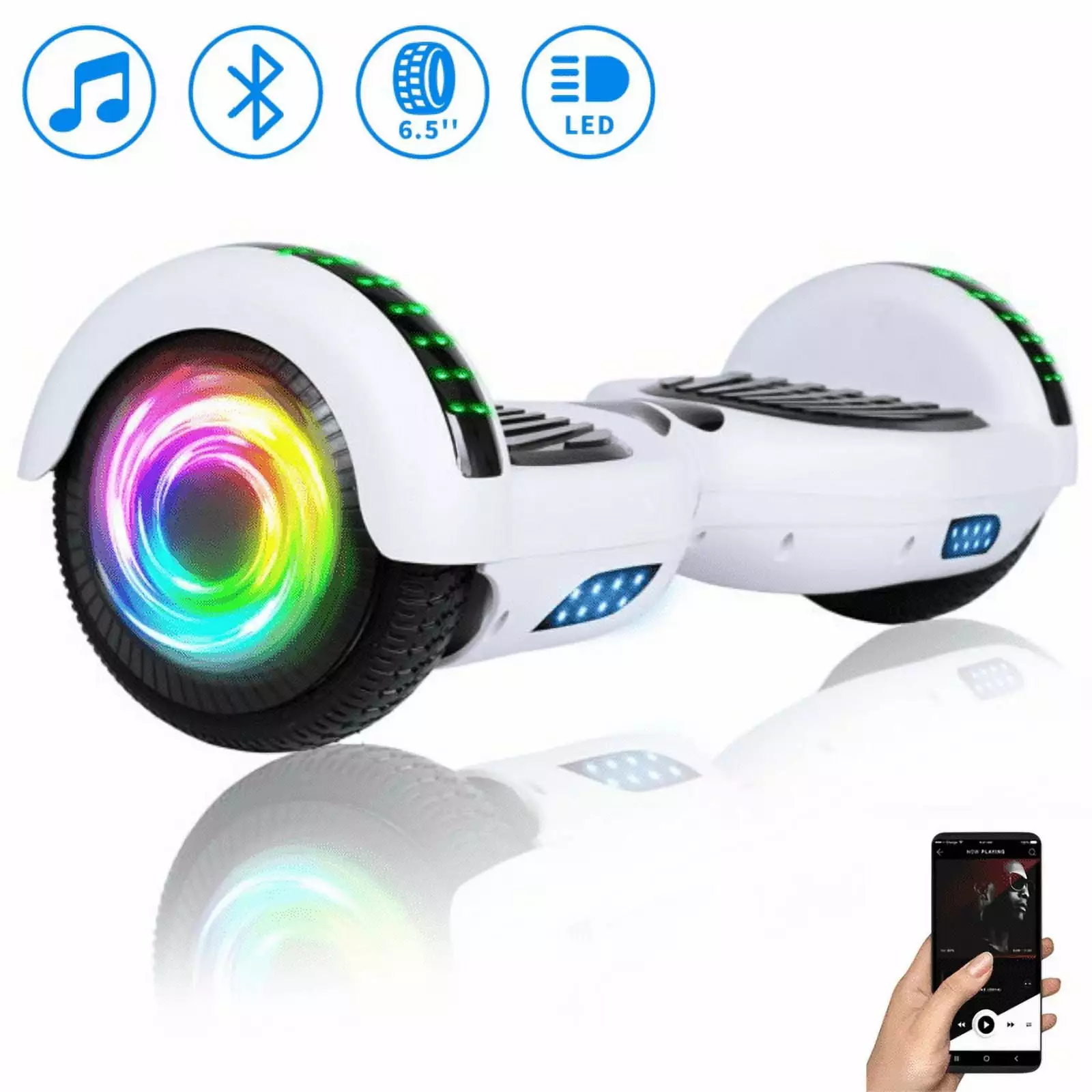 LIEAGLE Bluetooth Hoverboard with LED Lights 6.5'' Self Balancing 2 Wheel Hoverboard. White