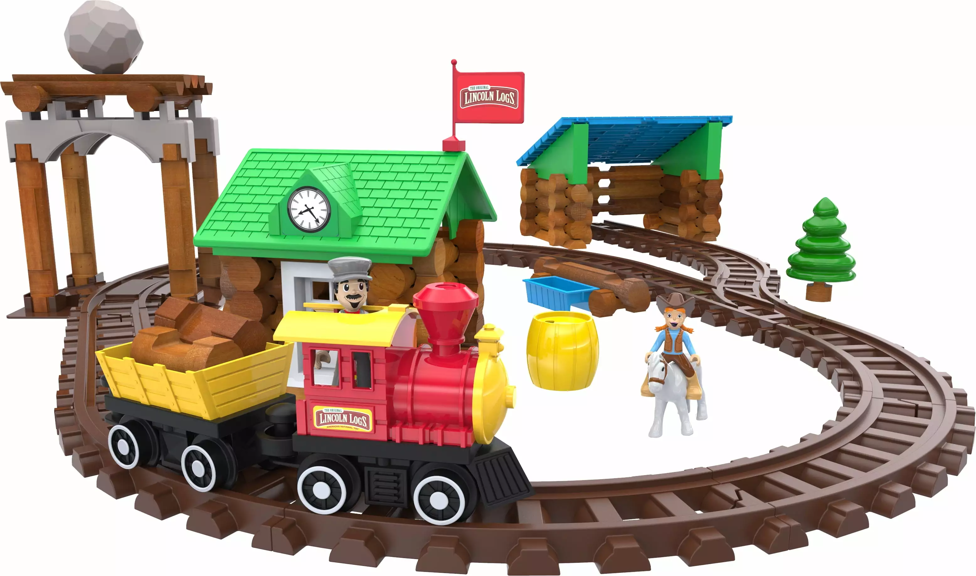 LINCOLN LOGS Sawmill Express Train - Real Wood Logs - Buildable Train Track - 101 parts - Ages 3 and up