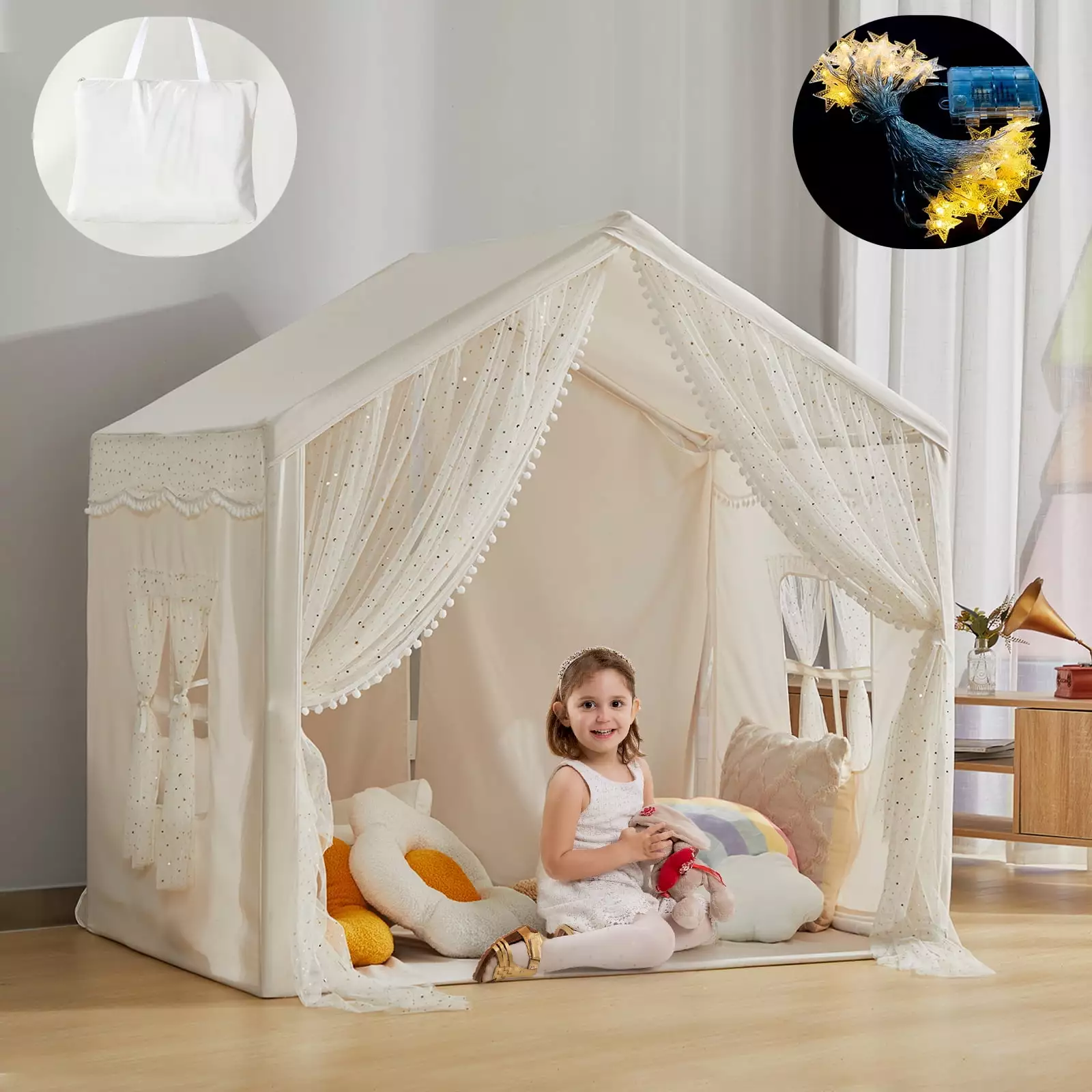 LOAOL Large Kids Tent with LED Lights. Toddler Playhouse Tent Indoor and Outdoor. White Cotton Canvas