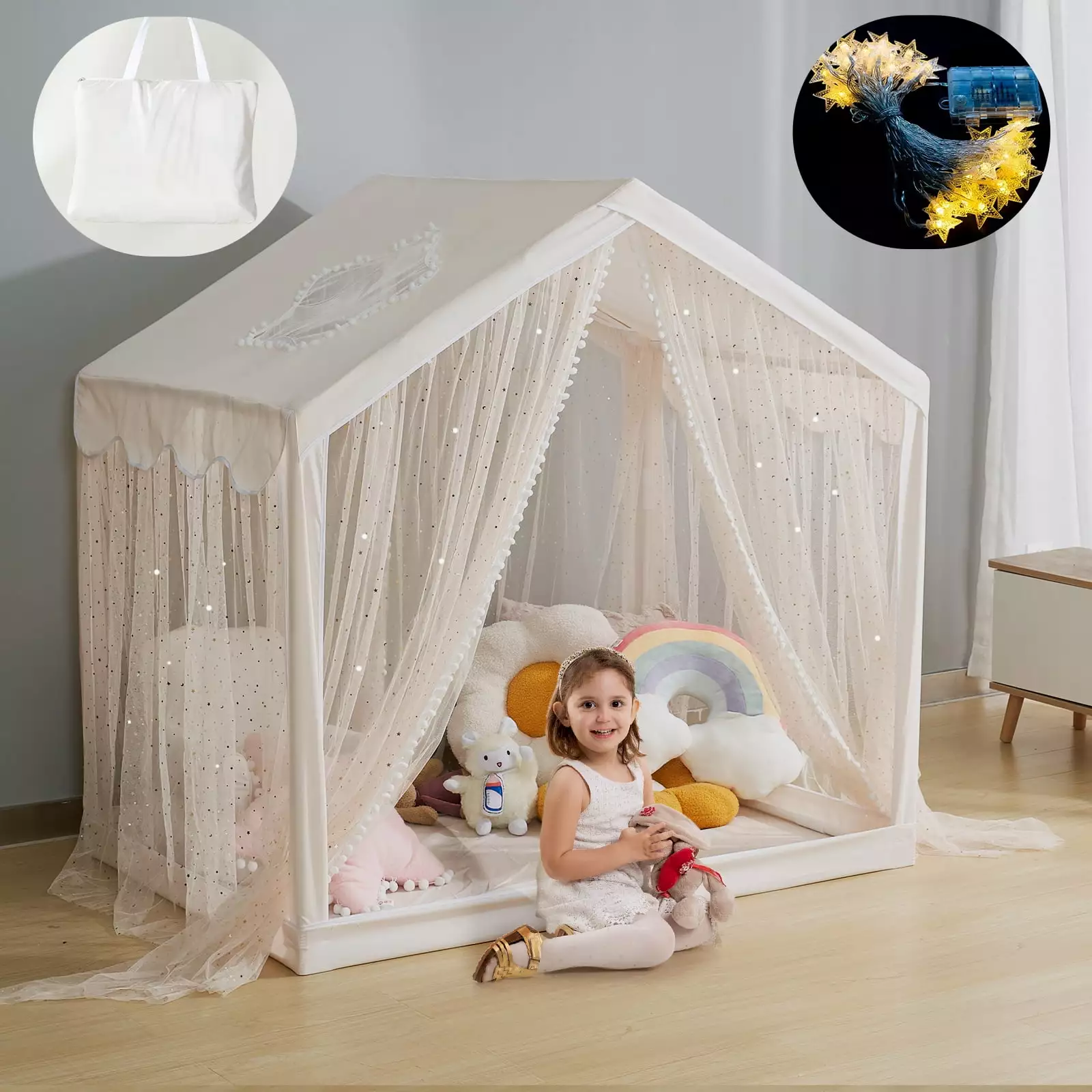 LOAOL Play Tent for Kids. Breathable Playhouse for Toddler. Large Child House Tent Indoor & Outdoor. Castle Tent for Girls Decorated Sequin Sparkle Stars. Boho Decor