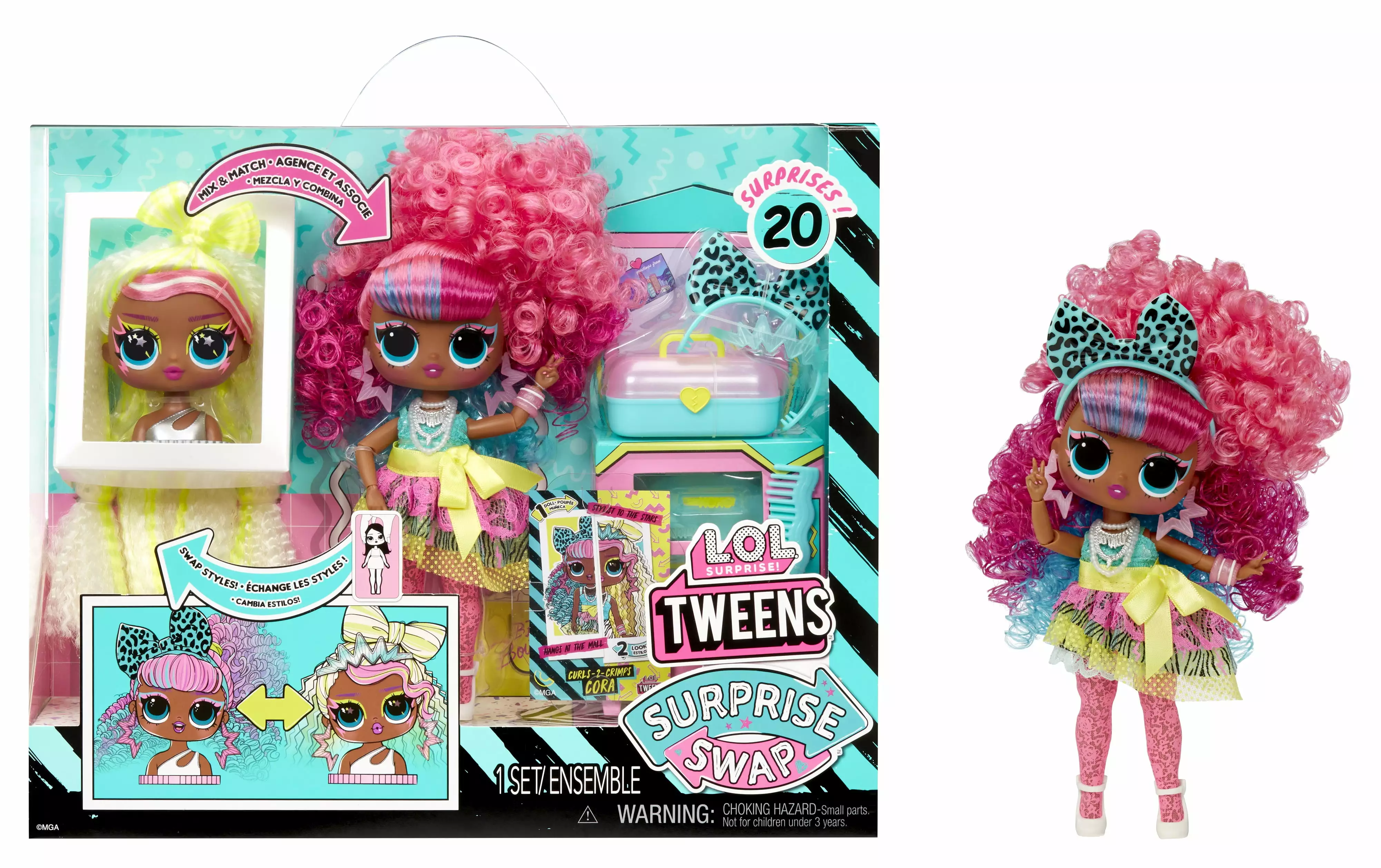 LOL Surprise Tweens Surprise Swap Curls-2-Crimps Cora Fashion Doll. 20+ Surprises. Styling Head. Fashions and Accessories. Great Kids Gift Ages 4+