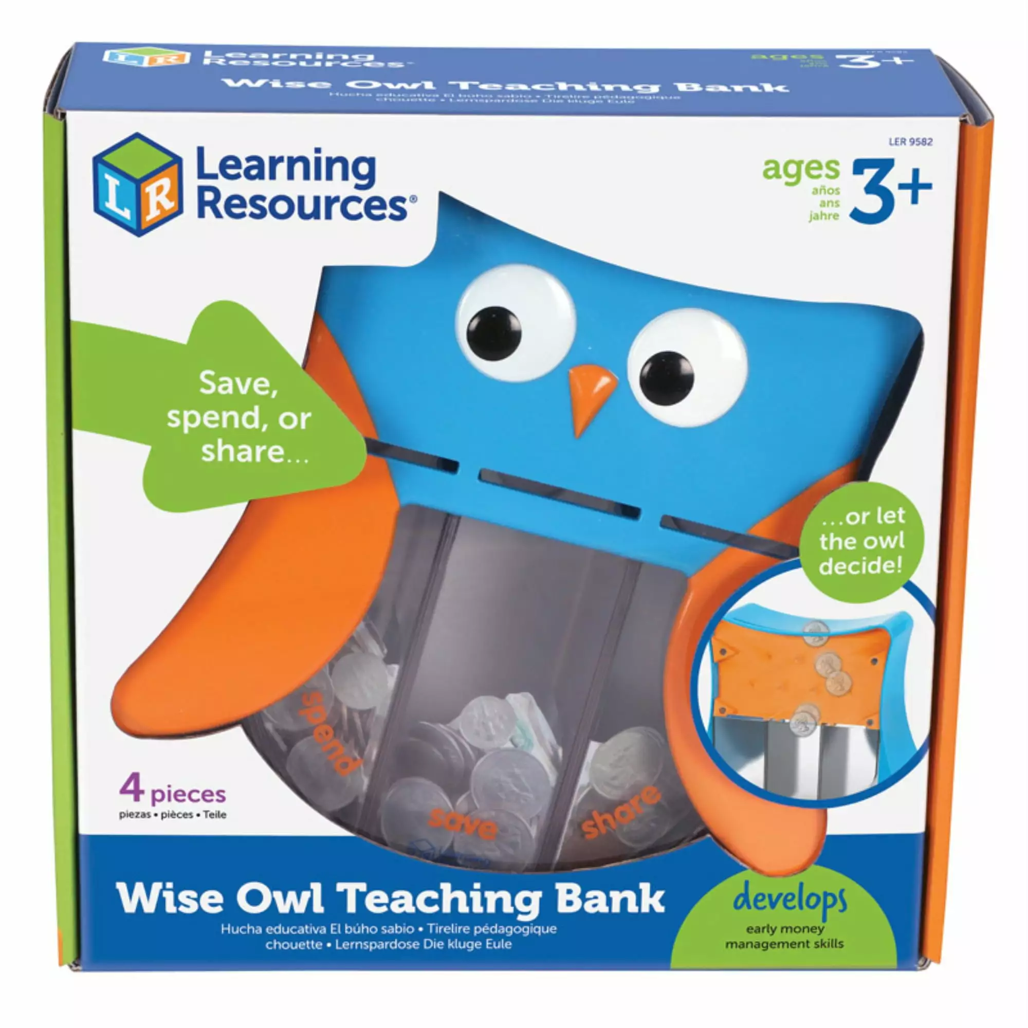 Learning Resources Wise Owl Teaching Bank - 4 Pieces. Boys and Girls Ages 3+ Toddler Learning Toys. Play Money for Kids