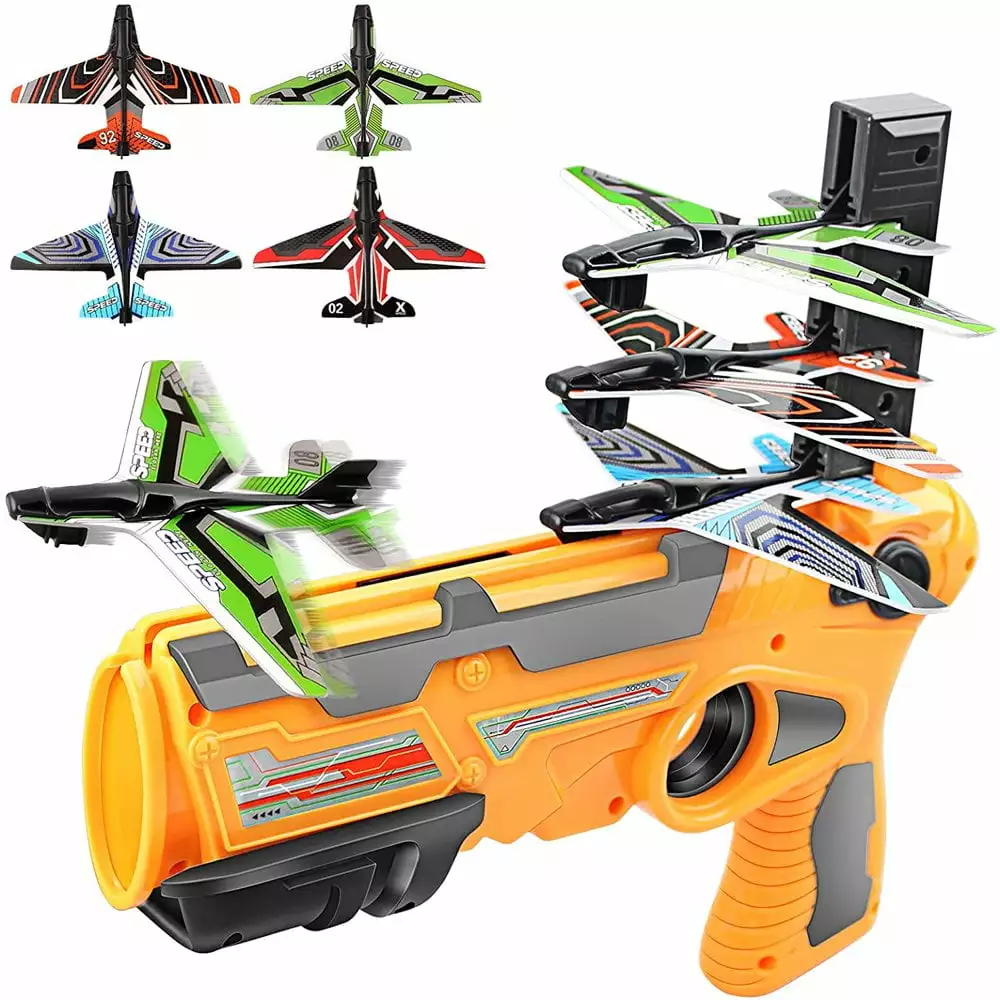 Lindbes Bubble Catapult Plane Bubble Catapult Airplane Toy One-Click Ejection Plane Launcher Model with 8Pcs Foam Glider Top Outdoor Shooting Gift for Kids Aged 3 4 5 6 7 8 and UpOrange