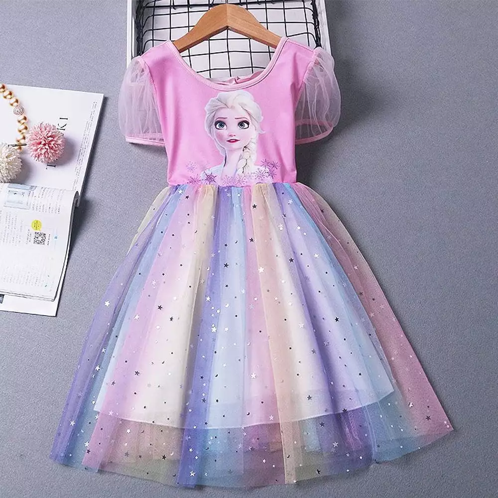 Little Girls Elsa Princess Dress Summer Short Sleeve Costume Halloween Cosplay Dress up