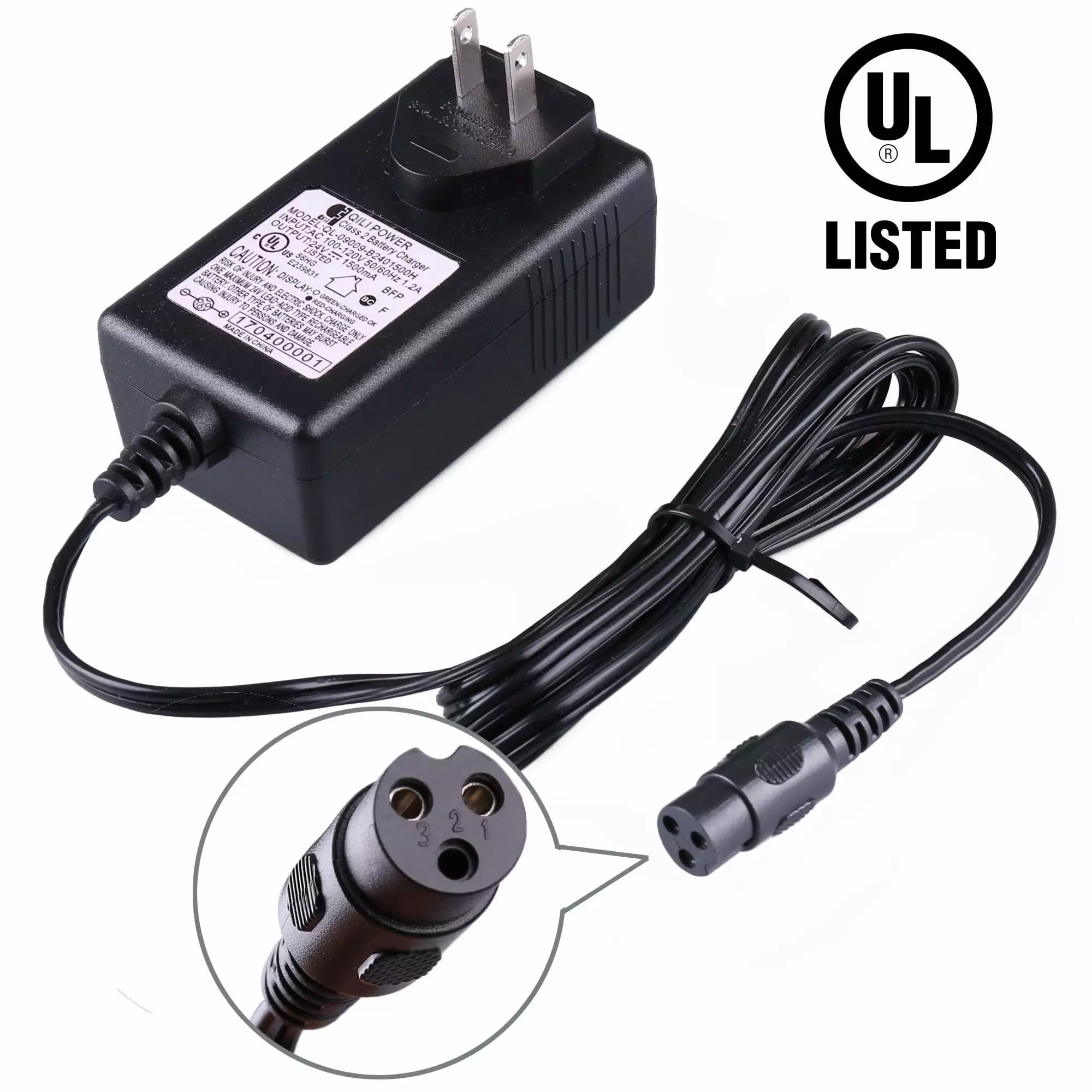 LotFancy 24V 1.5A Scooter Battery Charger for Razor E125. E150. E200. E225. W13112099014. Black