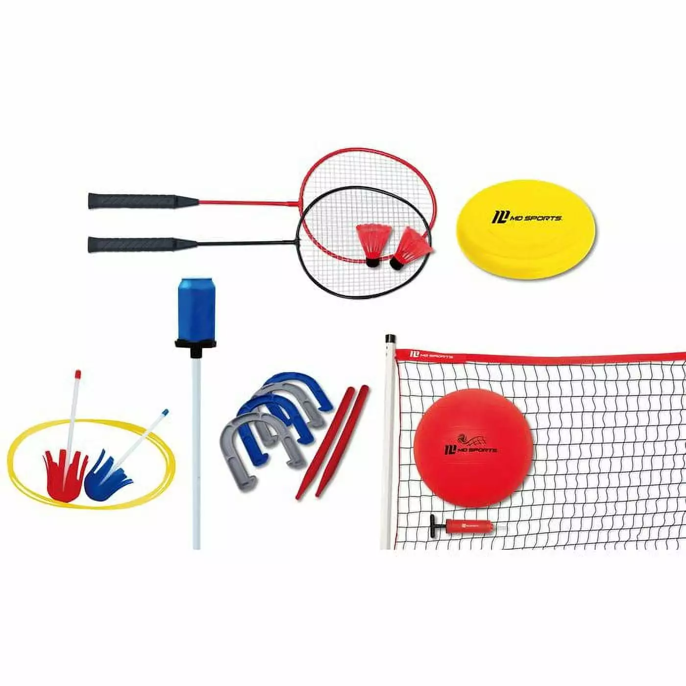 MD Sports 6 in 1 Backyard Combo Game Set. Volleyball. Badminton. Flying Disc. Lawn Dart. Horseshoes. Bottle Strike. Yellow/Red/Blue