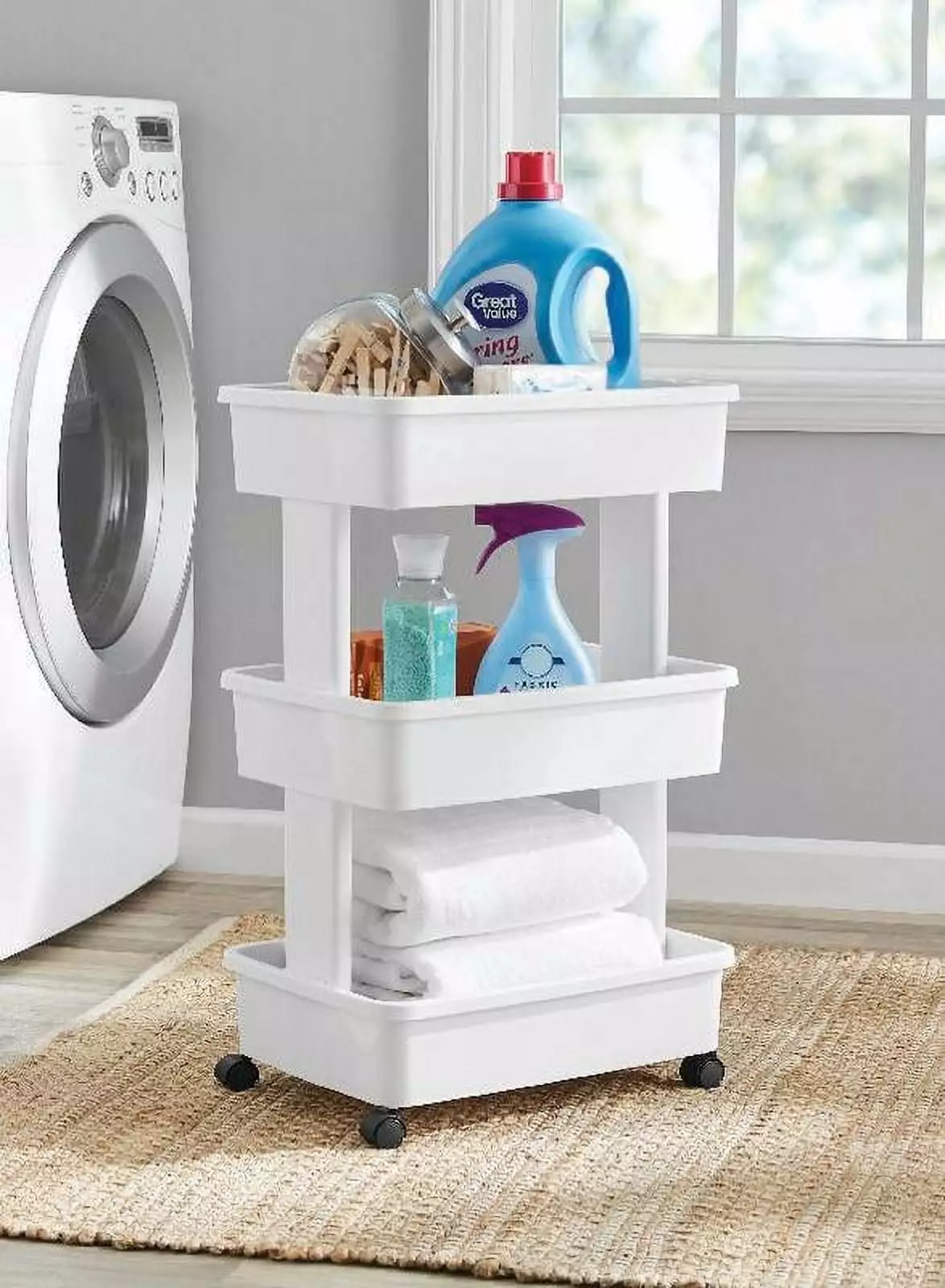 Mainstays 3-Tier Plastic Multi-Purpose Rolling Laundry Cart. Arctic White. Case Pack 1