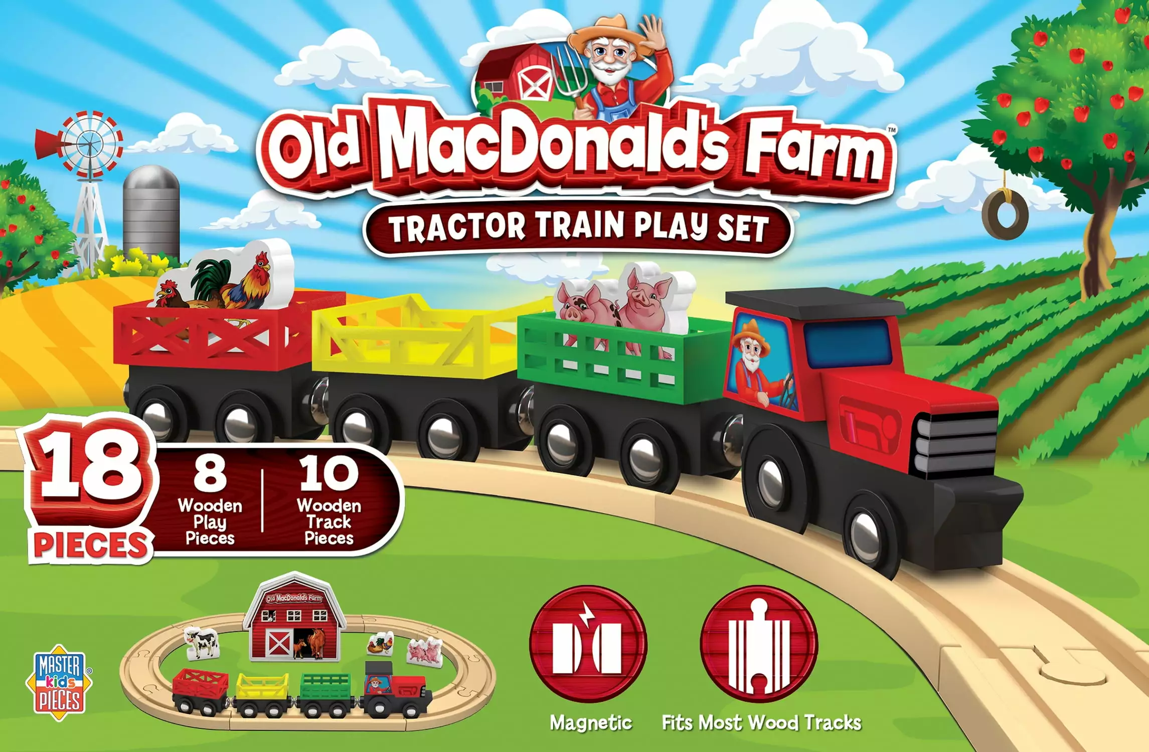 MasterPieces Wood Train Sets - Old MacDonald 18 Piece Train Set