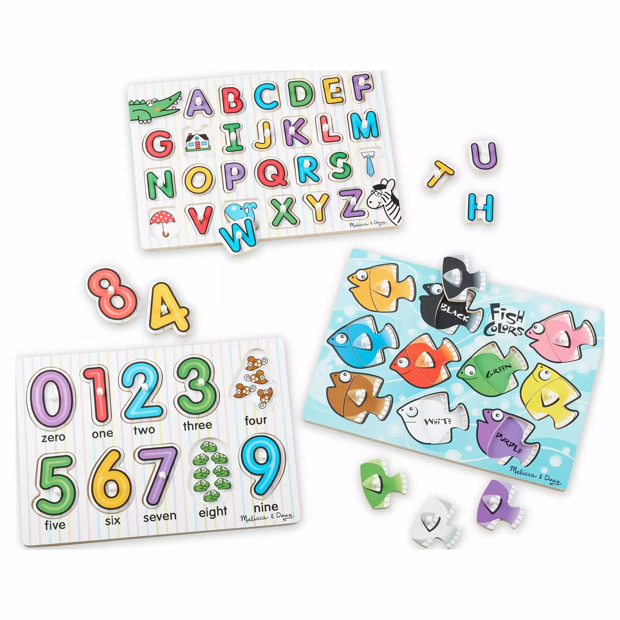 Melissa & Doug Classic Wooden Peg Puzzles (Set of 3) - Numbers. Alphabet. and Colors