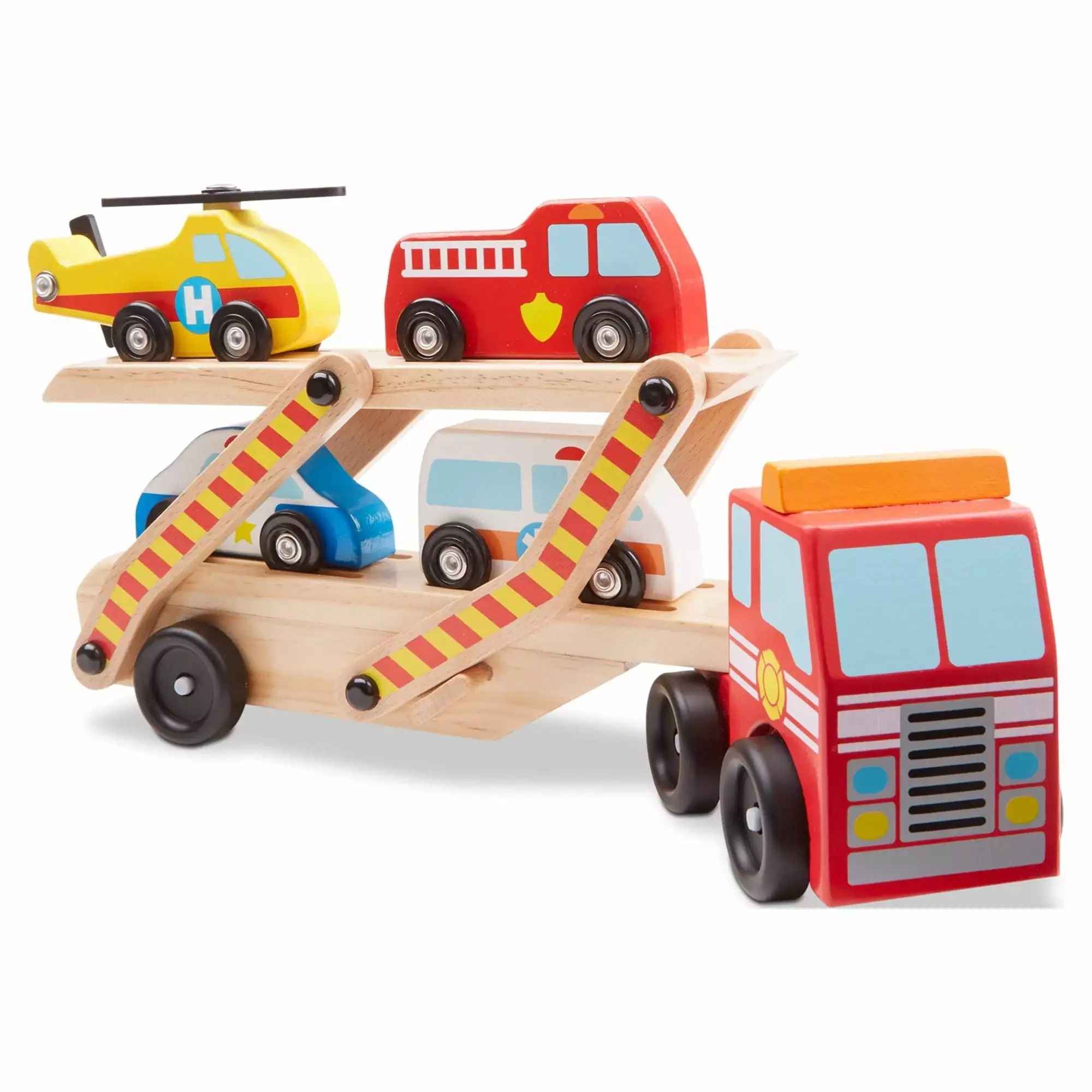 Melissa & Doug Wooden Emergency Vehicle Carrier Truck With 1 Truck and 4 Rescue Vehicles