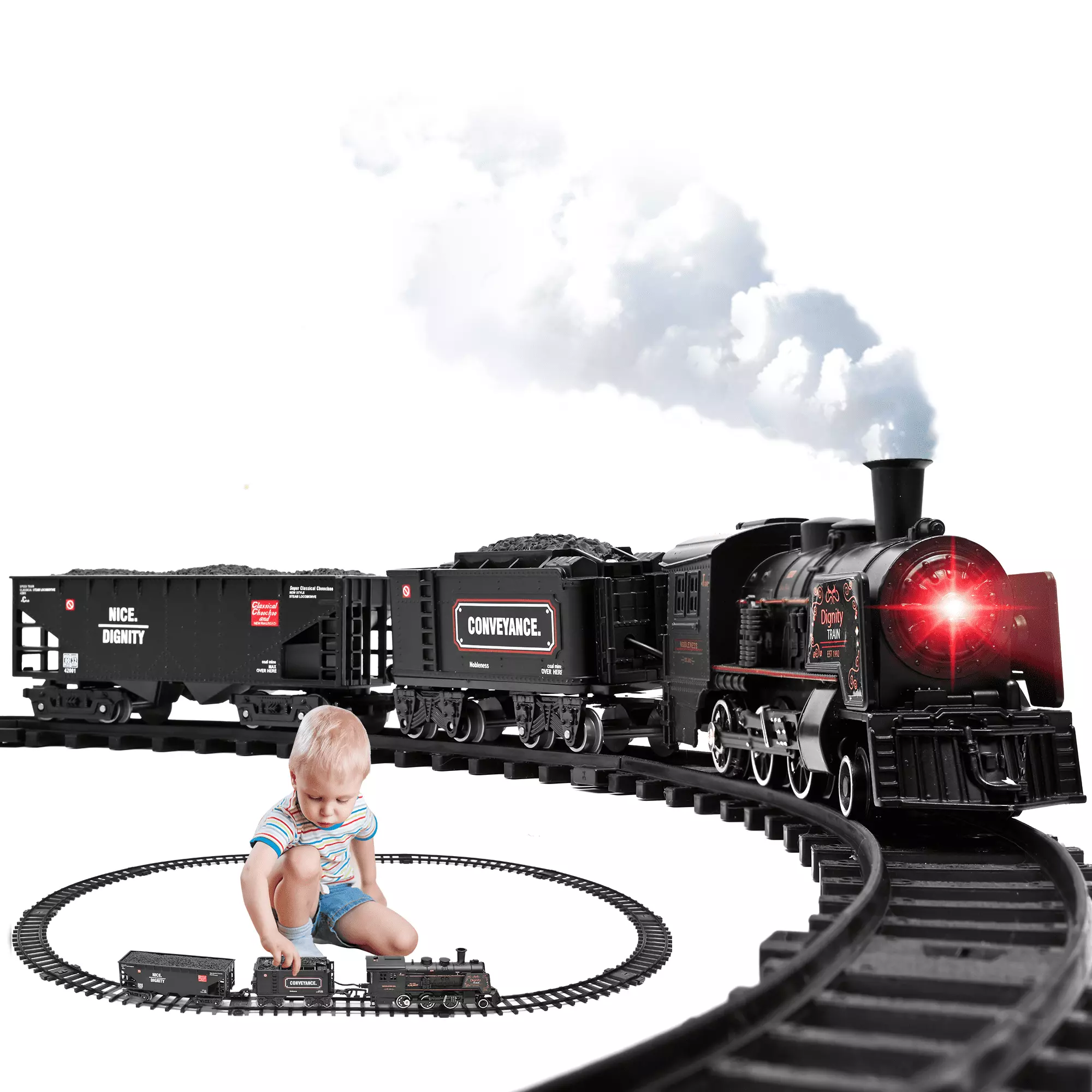 Metal Alloy Model Train Set. Electric Train Toys with Steam Locomotive. Realistic Train Sound .Lights and Smoke