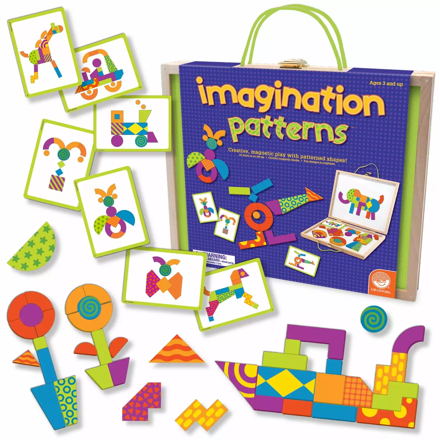 MindWare Imagination Patterns - 42 Brightly Colored Wooden Magnetic Blocks with 50 Puzzles - Magnetic Play with Patterned Shapes for Kids - Ages 3+