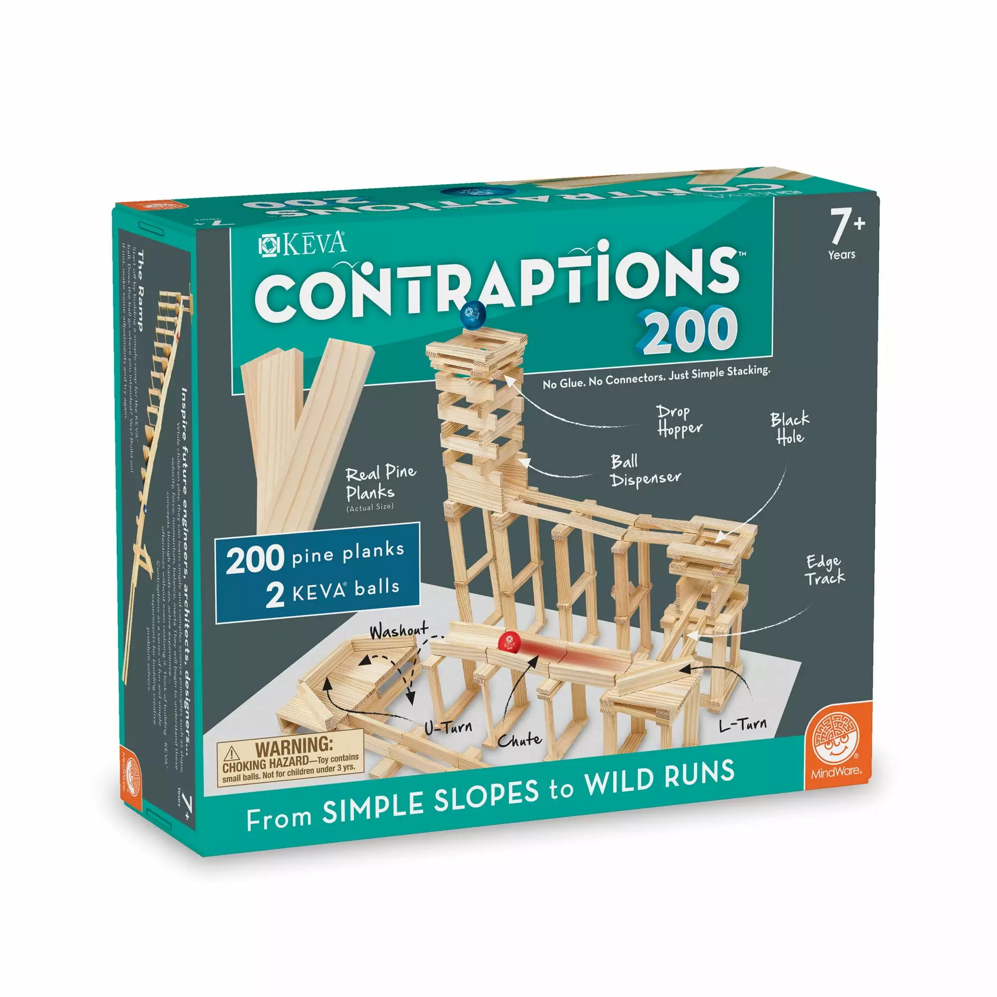 MindWare KEVA Contraptions 200 Plank Set - 200 Wooden Planks. 2 Specially Designed Lightweight Balls for Maximum Action & Idea Book - S.T.E.M. Learning for Kids - Ages 7+