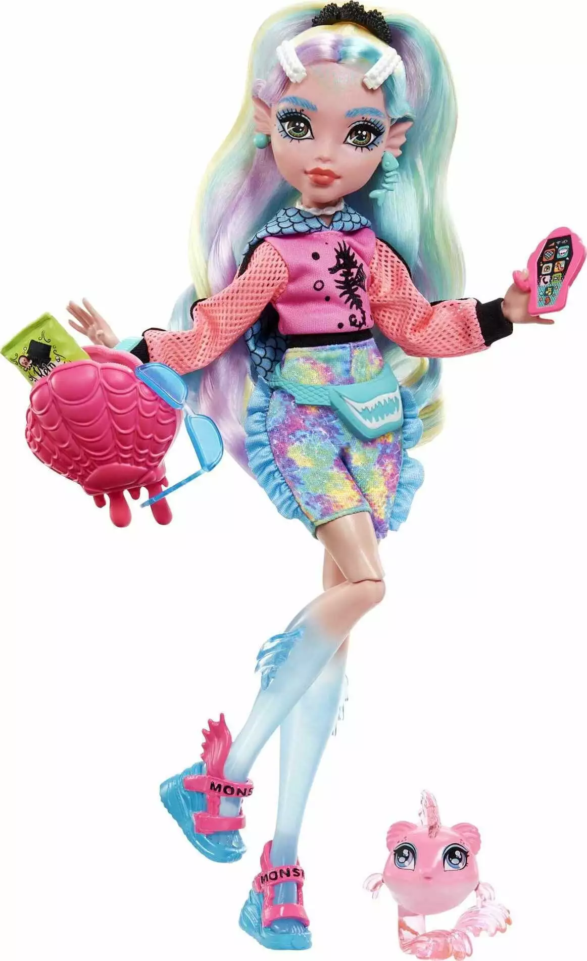 Monster High Lagoona Blue Fashion Doll with Colorful Streaked Hair. Accessories & Pet Piranha