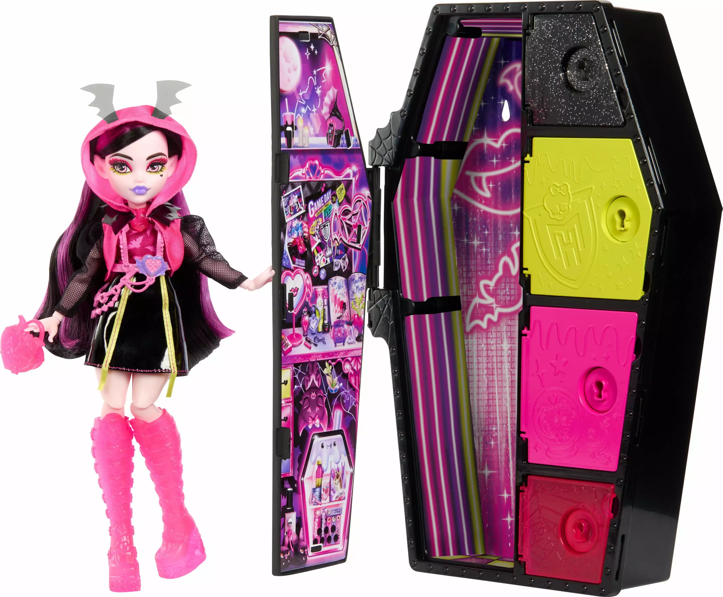 Monster High Skulltimate Secrets: Neon Frights Draculaura Fashion Doll and Dress-Up Vampire Locker