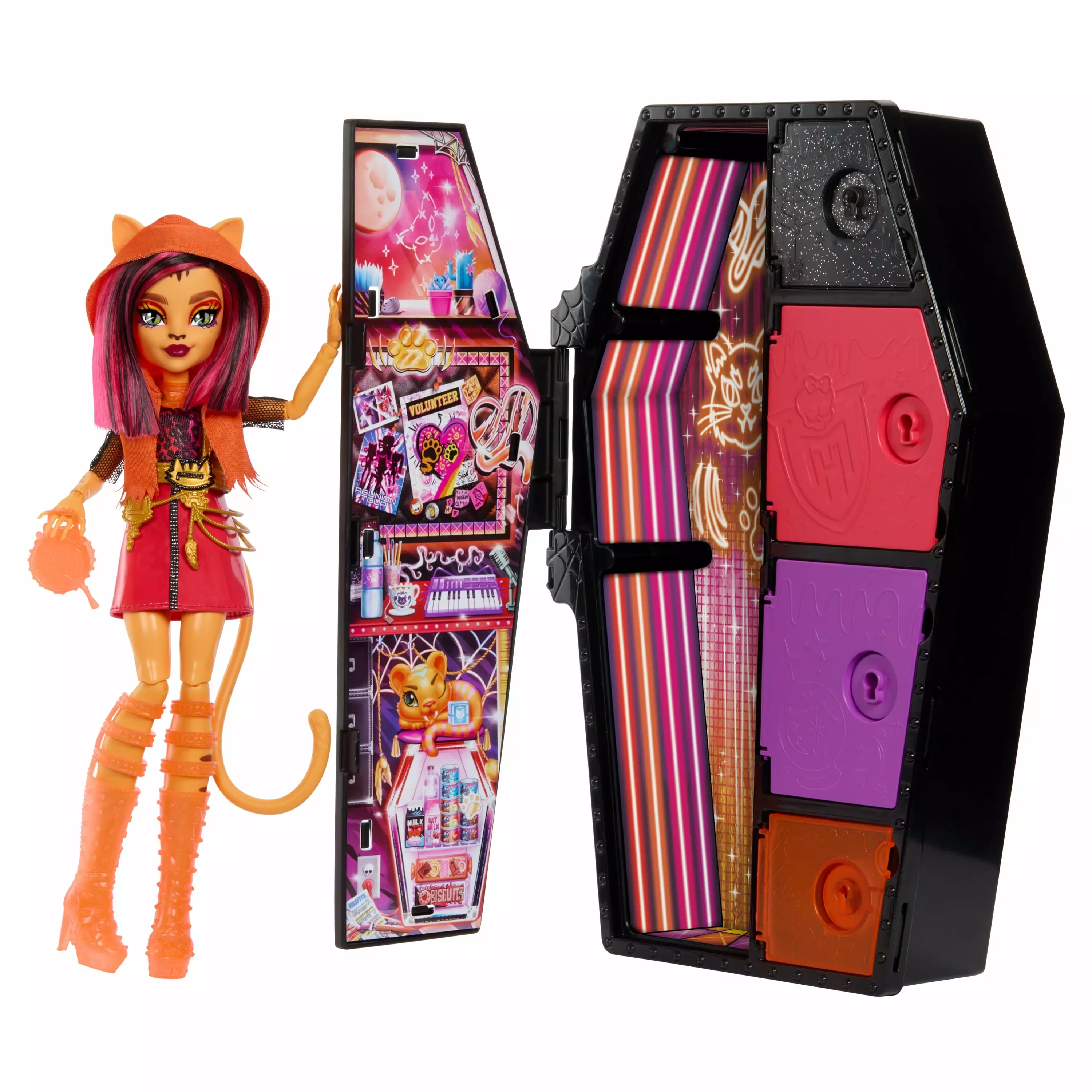 Monster High Skulltimate Secrets: Neon Frights Toralei Stripe Fashion Doll & Dress Up Werecat Locker