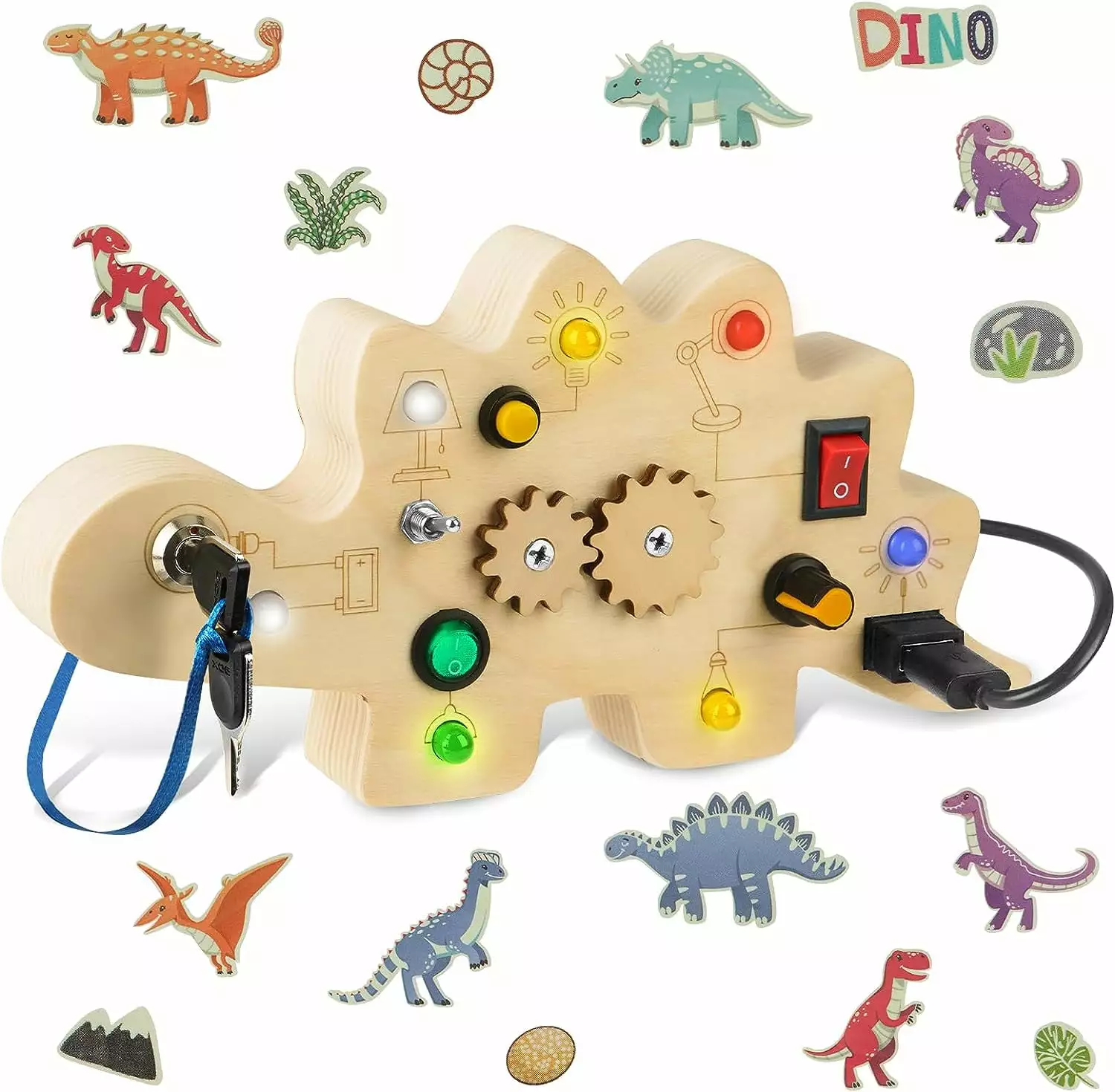 Montessori Toddler Busy Board. Wooden Baby Dinosaur Busy Board. Montessori Toys Sensory Toys Light Switch Toys Travel Toys for Toddlers 1-3+ Year Old Gear Toys Toddlers Age 2-4 Boy Girl Birthday Gift