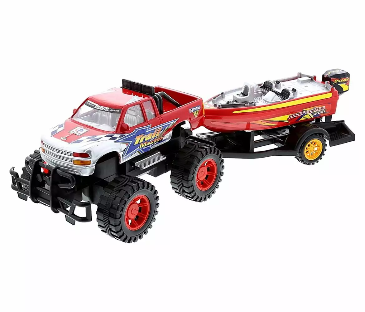 Mozlly Monster Truck Toys Set with Trailer Toy Boat - Friction Powered Hauling Truck and Trailer Toy. Big Toy Monster Truck with Boat. Adventure Truck Pulling Boat Toy Monster Trucks for Kids - 9 Inch