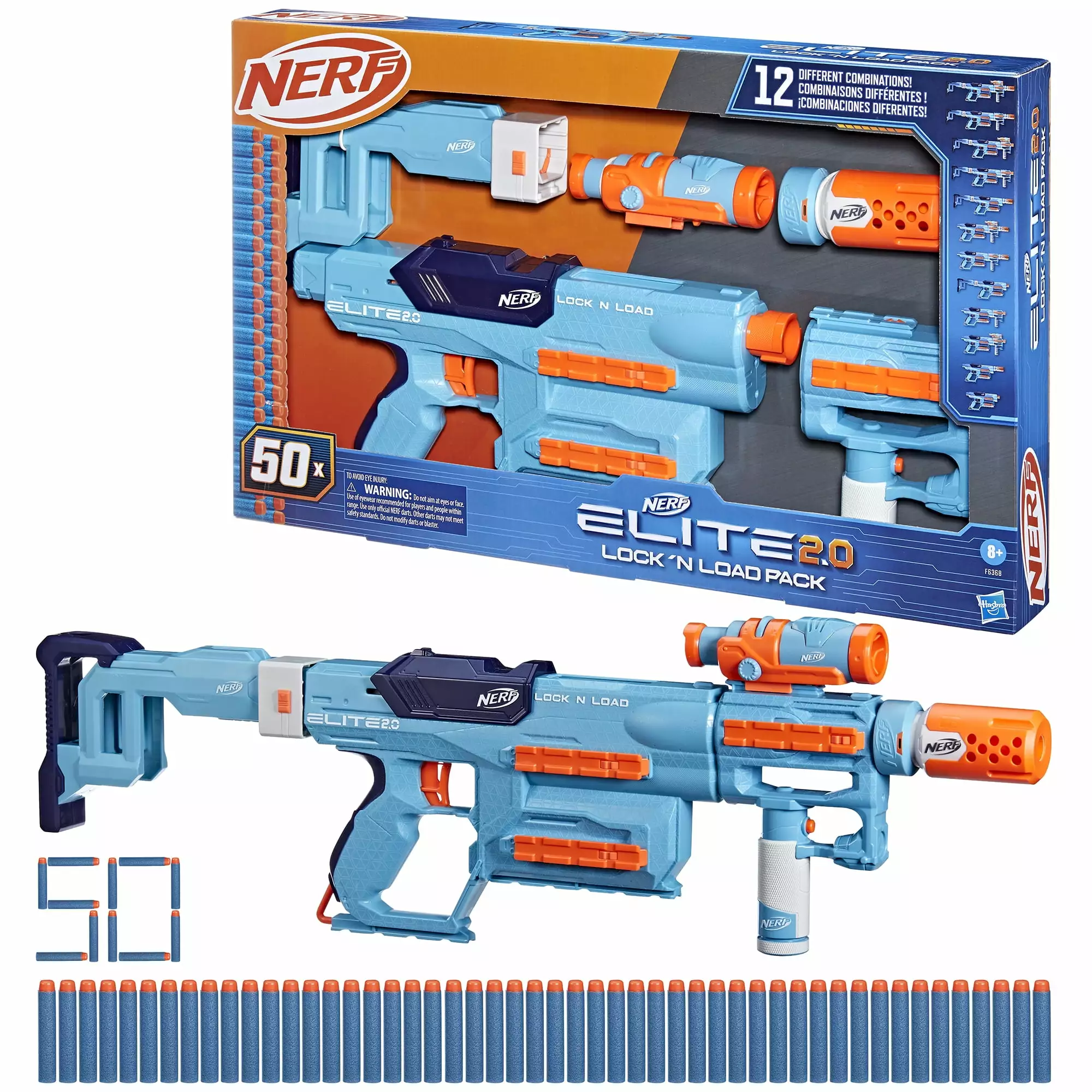 Nerf Elite 2.0 Lock N Load Pack. Blaster. 50 Elite Darts. Stock. Barrel. Foregrip. Scope. Ages 8+