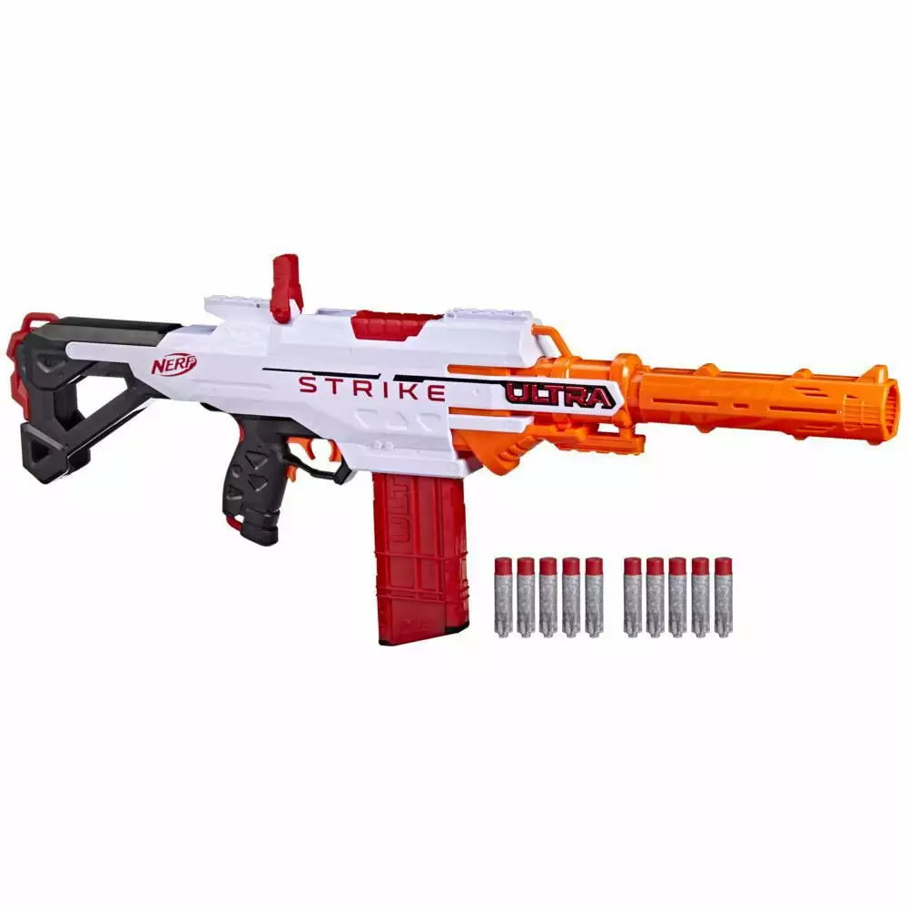 Nerf Ultra Strike Motorized Blaster. 10 Nerf AccuStrike Ultra Darts. 10-Dart Clip. Compatible Only with Nerf Ultra Darts