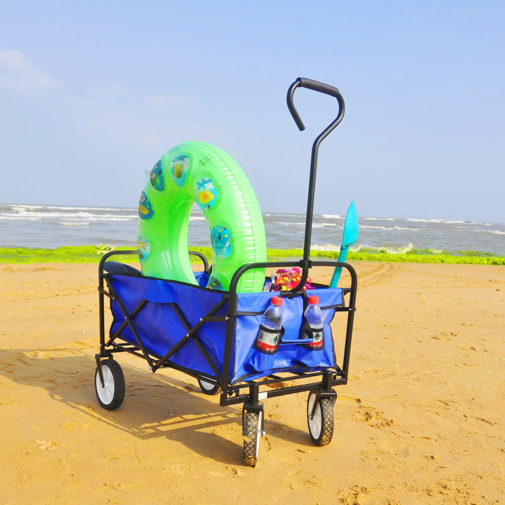 Outdoor Large Collapsible Garden Cart. Folding Wagon Utility Carts with Wheels. Beach Cart Large Capacity. Wagon Cart for Garden. Camping. Grocery Cart. Shopping Cart. Blue