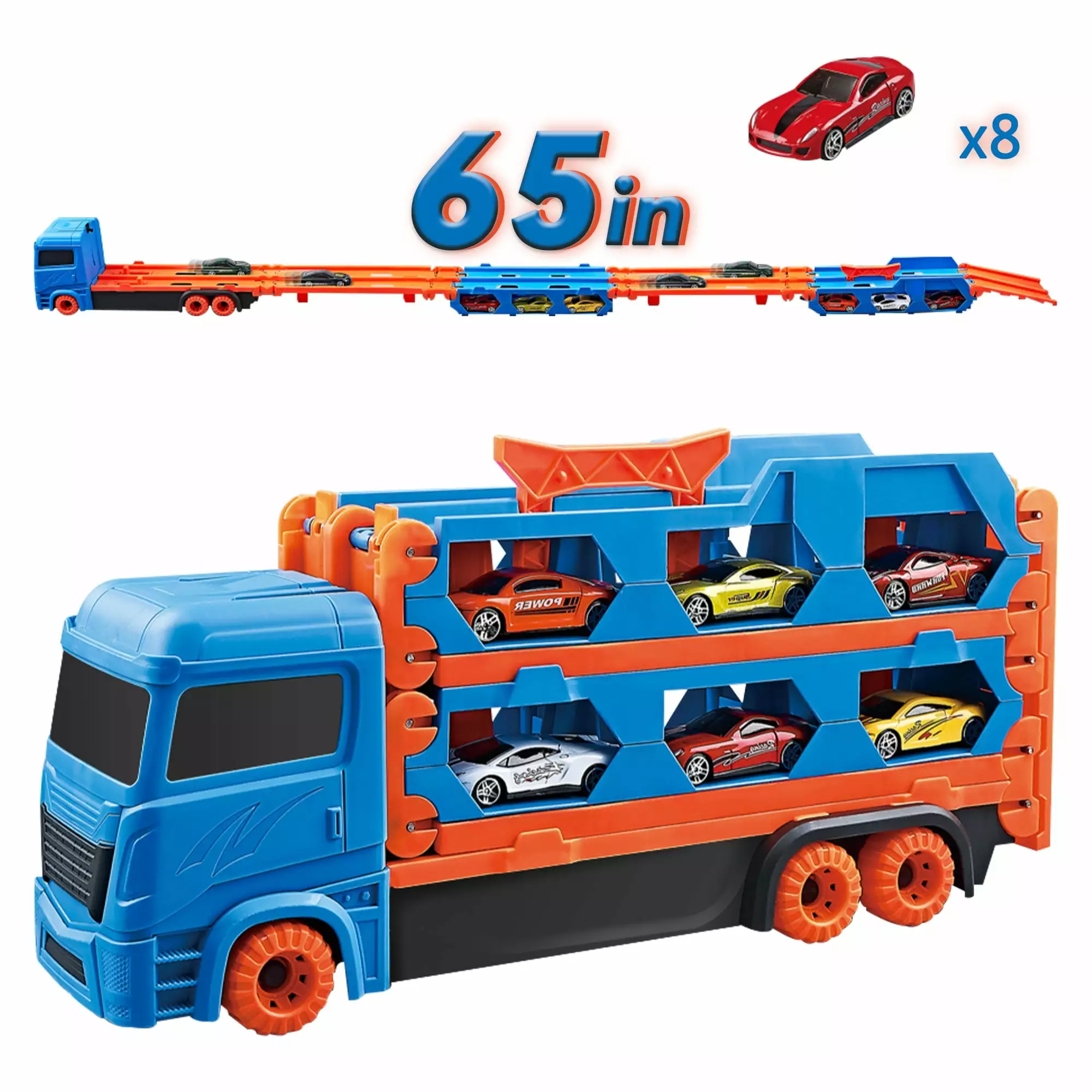 PUPWER Car Transporter Truck Toy Set. Mega Hauler Carrier Trucks with 65 inch Ejection Race Track and 8PCS Metal Racing Cars for 3 4 5 6 7 8 Years Old Kids Boys Gift