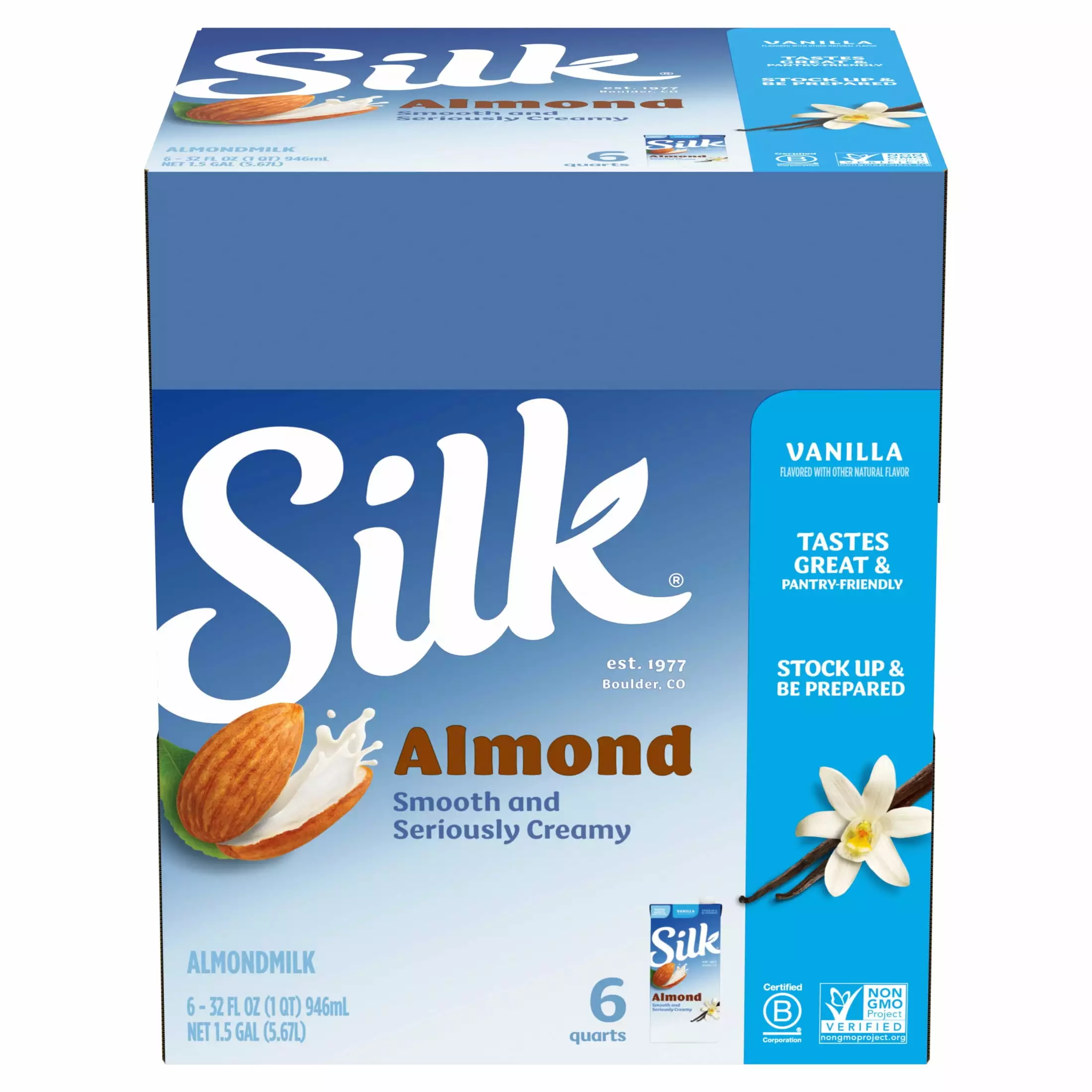 (Pack of 6) Silk Shelf-Stable Vanilla Almond Milk. 1 Quart