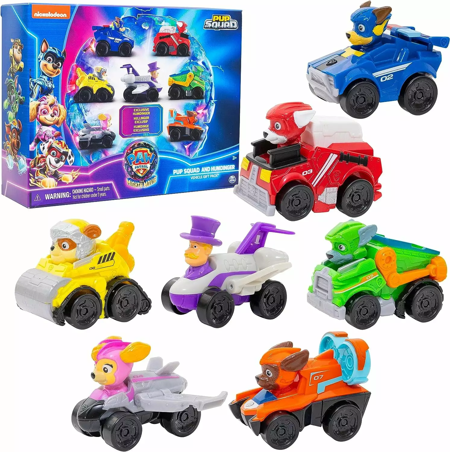 Paw Patrol: The Mighty Movie Toy Vehicle Set: 7 Pack with All Major Characters & Exclusive Mayor Humdinger Movie Figure- Gift Set with Rubble. Chase. Skye. Zuma. Marshall & Rocky (Unique Movie Color)