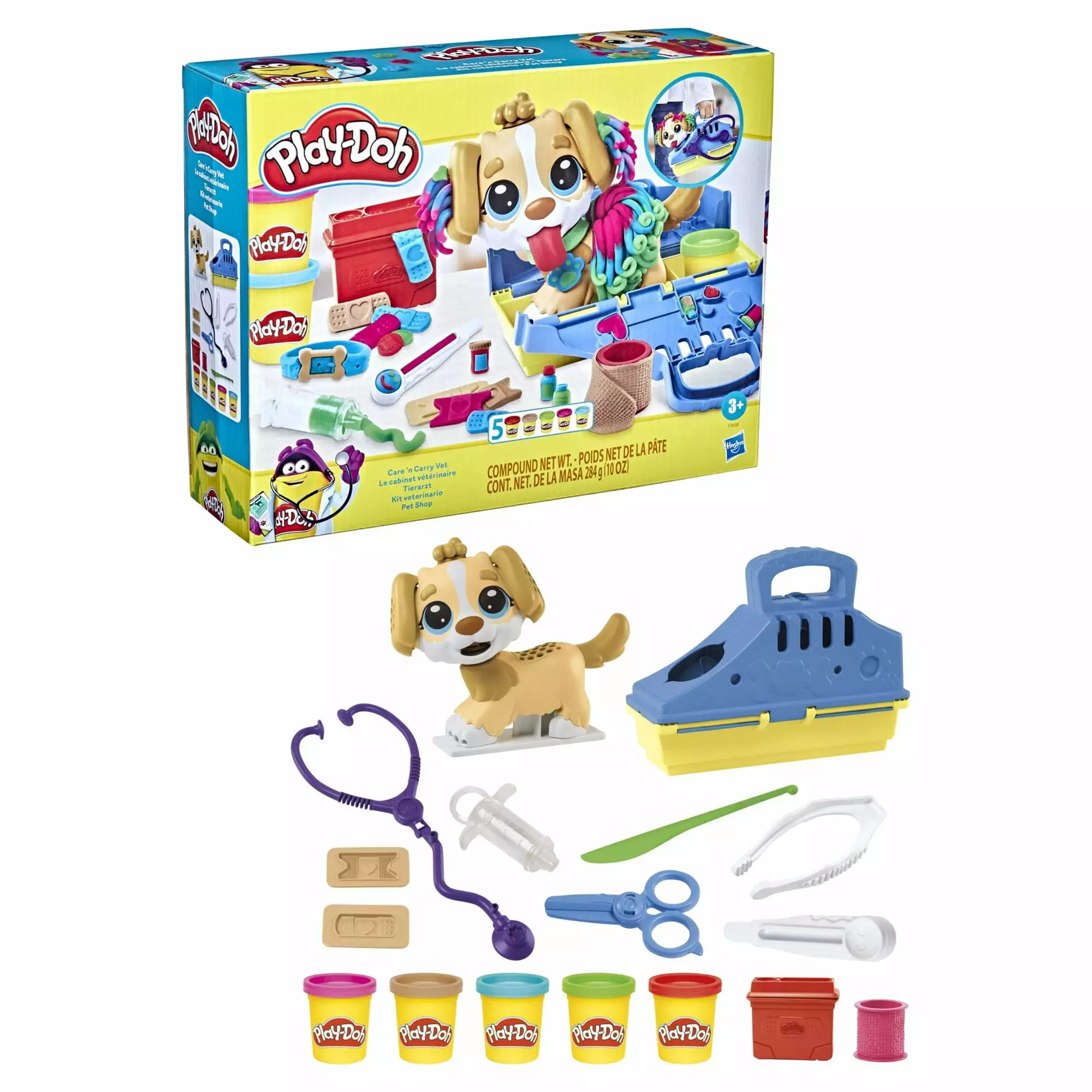 Play-Doh Care 'n Carry Vet Playset with Toy Dog. Carrier. 10 Tools. 5 Colors