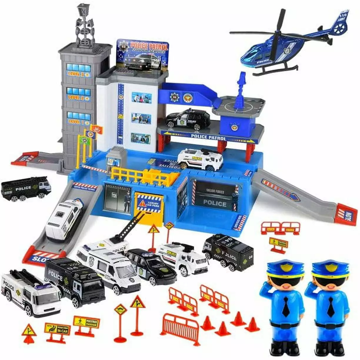 Police Car Toys for Boys - Matchbox Cars Playsets - Parking Lot Car Toys with Matchbox Track. Garage. 6 Police Car Toy Vehicles. 2 Police Men. 1 Helicopter - Toysical