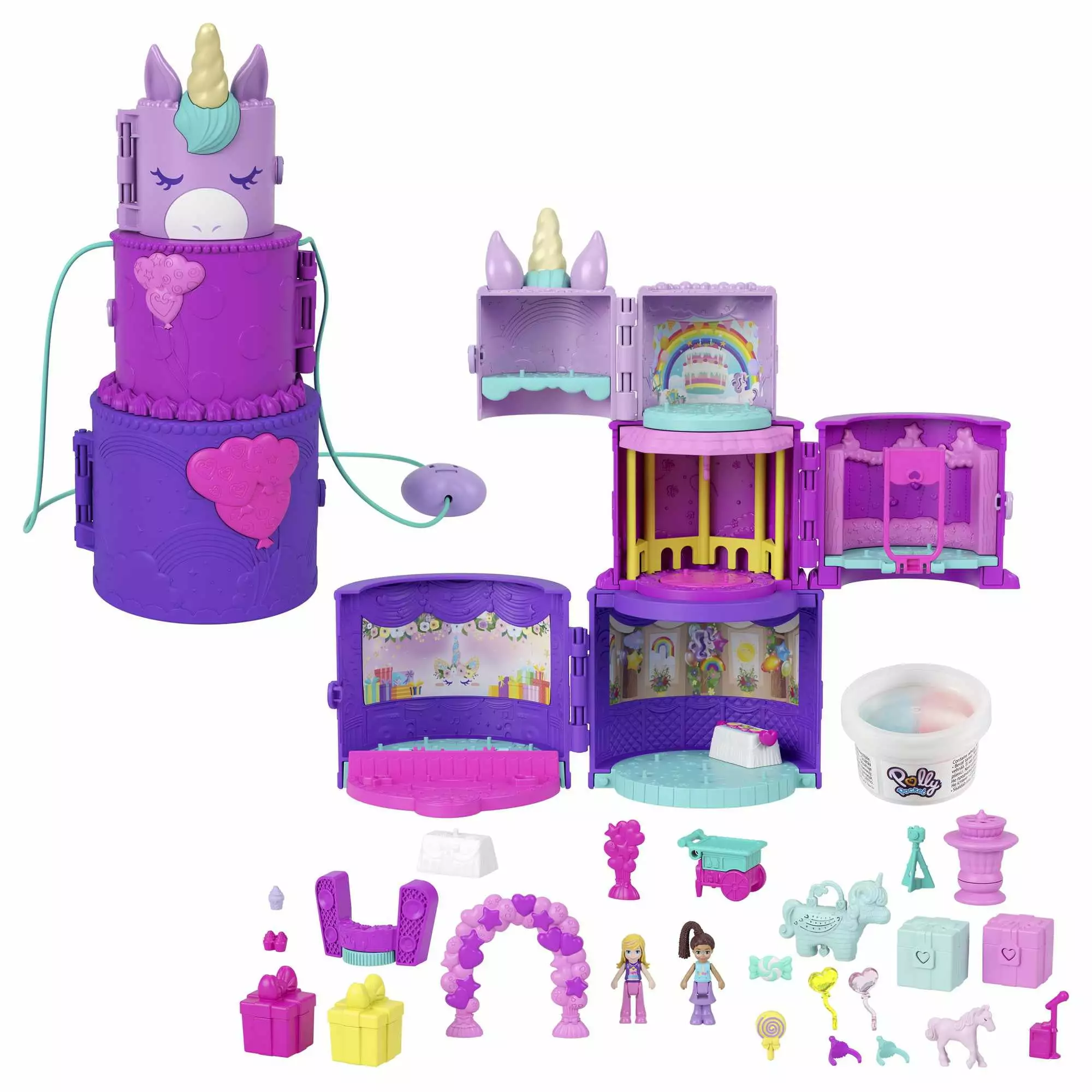 Polly Pocket 2-in-1 Spin 'n Surprise Birthday. Unicorn Toy with 2 Micro Dolls. Multi-Color