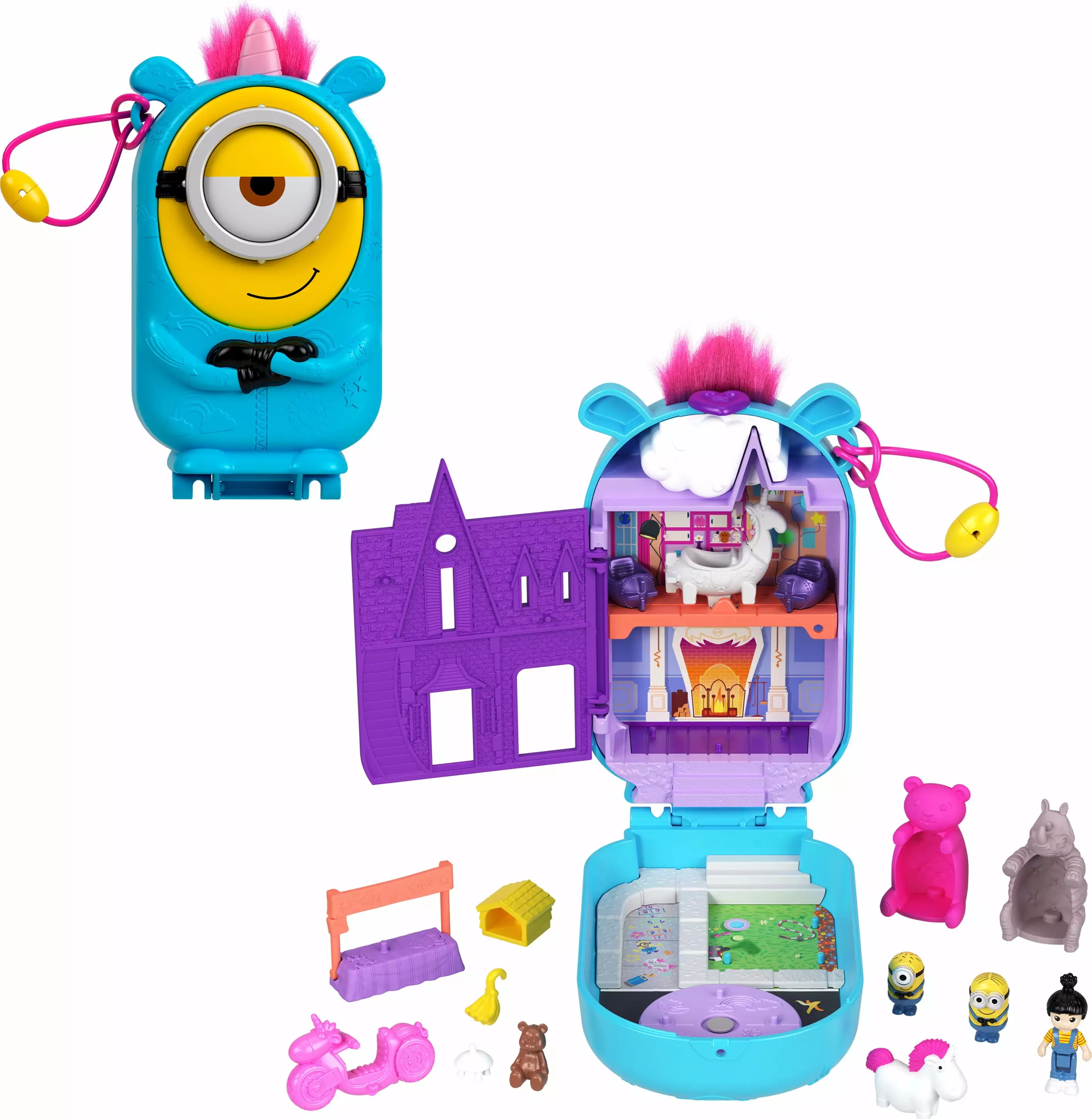 Polly Pocket Playset. Minions Compact with 9 Accessories. 1 Doll. 2 Minions and Unicorn Toy