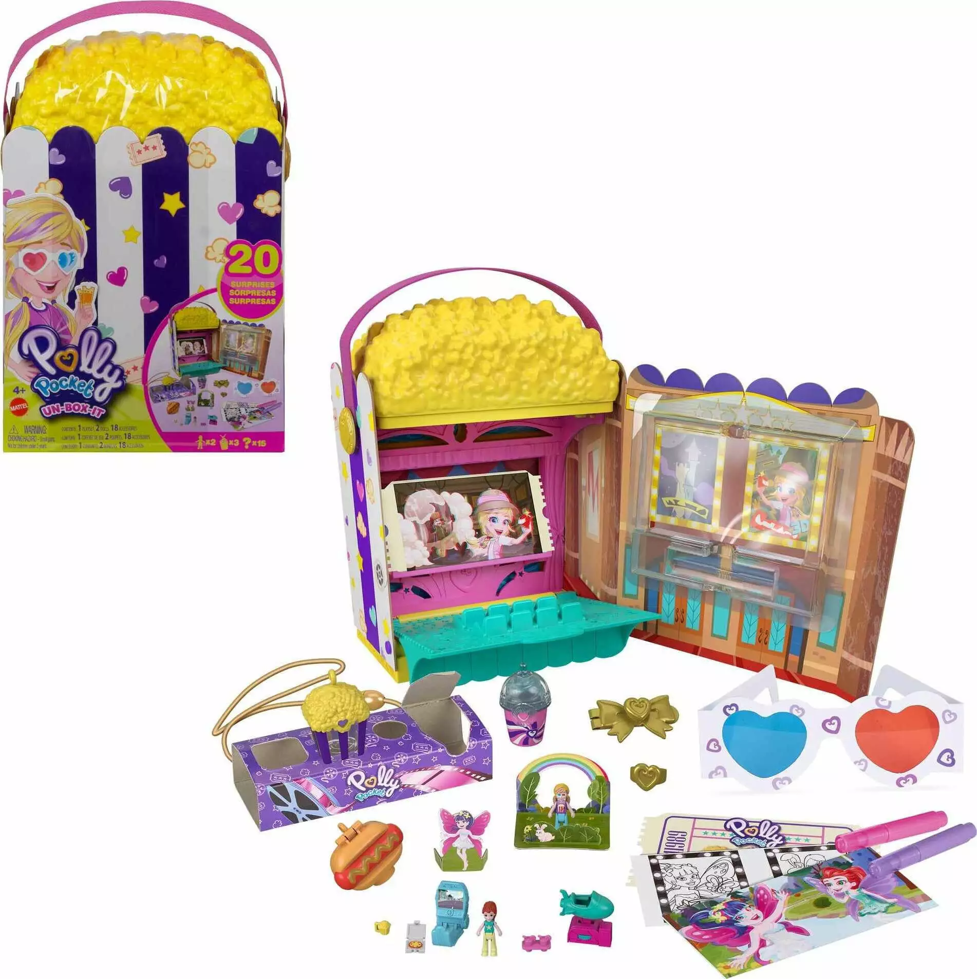 Polly Pocket Un-Box-It Playset. Movie Theater Theme. 2 Dolls. 15+ Surprises