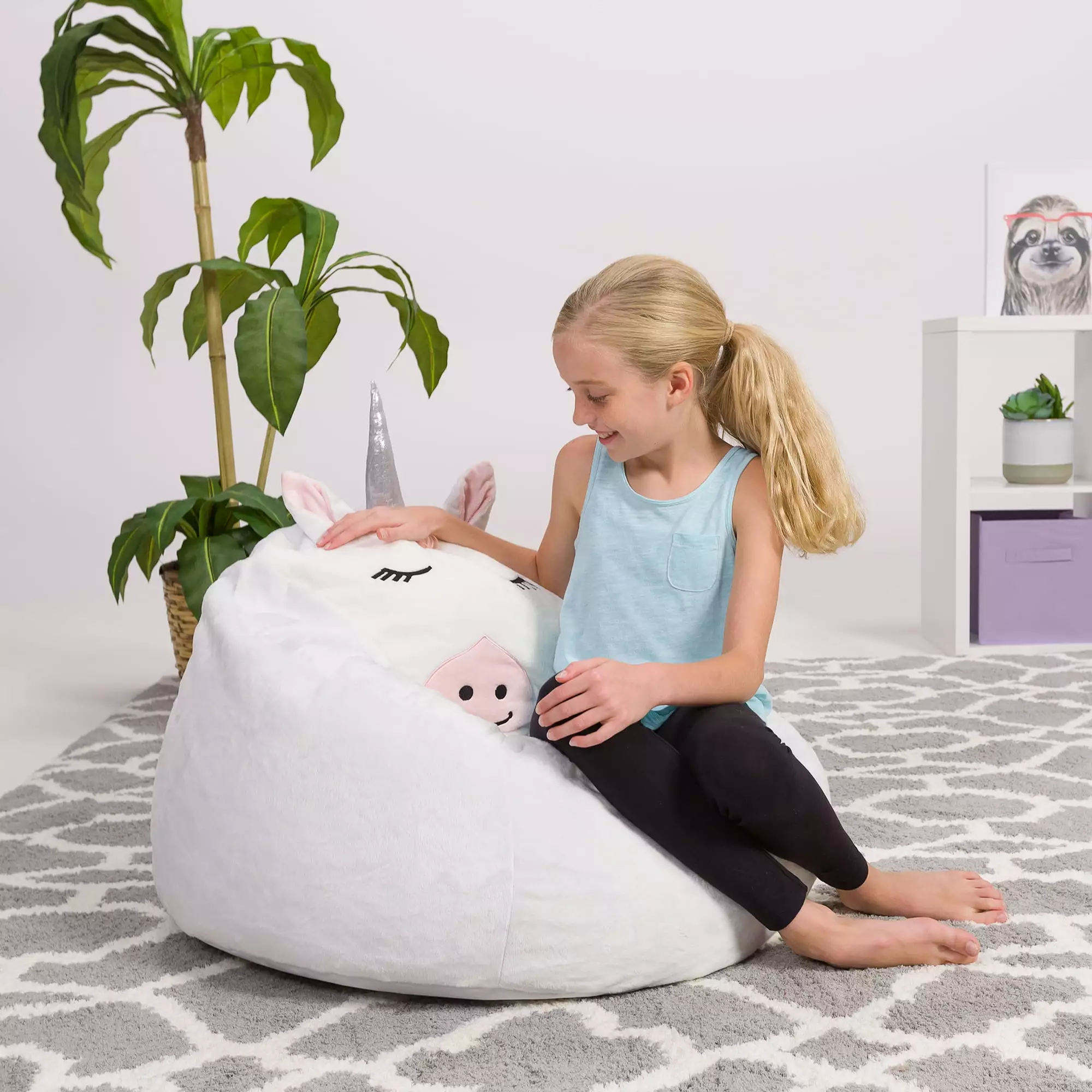 Posh Creations Cute Soft Bean Bag Chair for Kids. Furry. 2.5ft. Large. Animal - White Unicorn