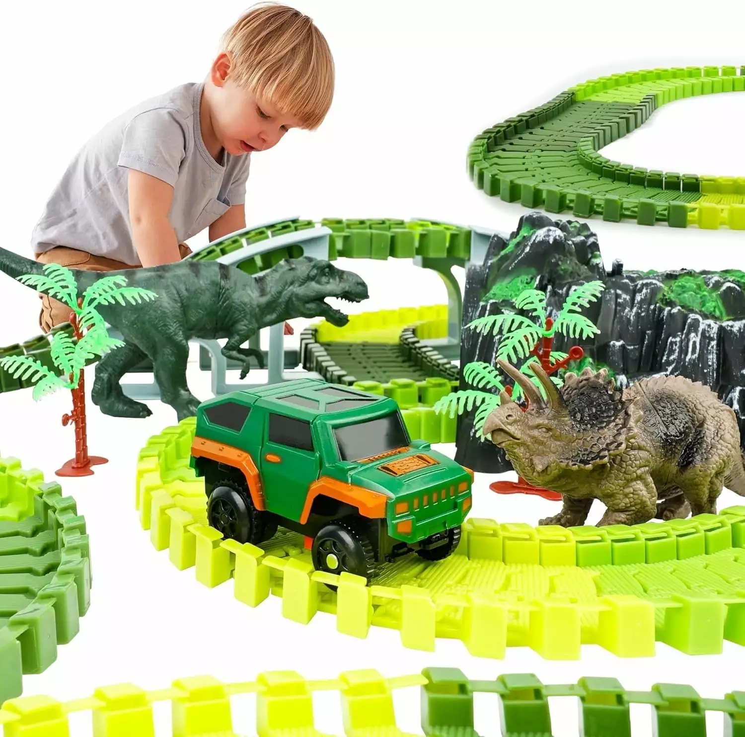 Preschool Vehicles Playset Track Set. Bellochiddo Race Car Toys for Boys Age 3-5 4-7. Stem Gift for Boys Girls Toddlers. Green