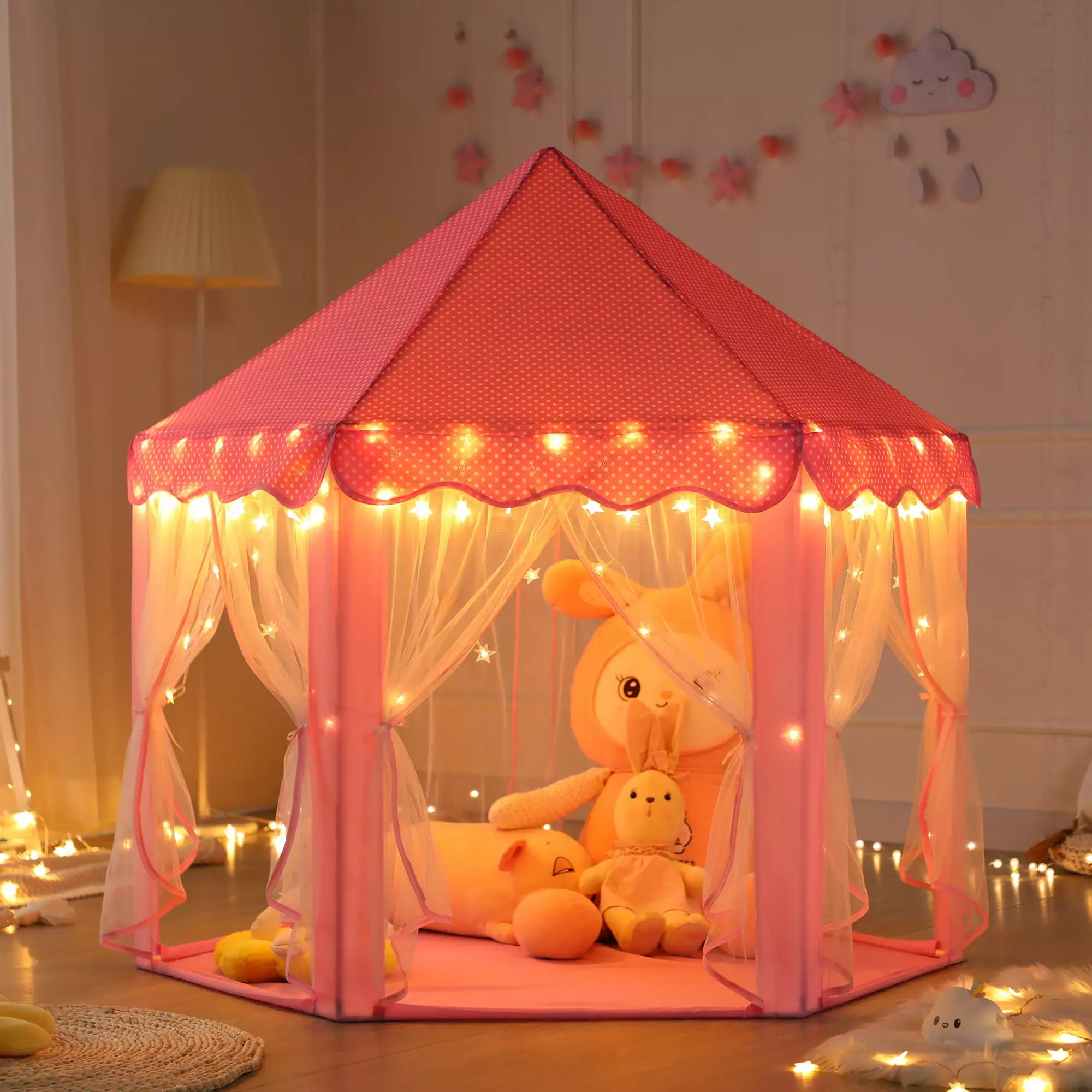 Princess Castle Kids Tent for 3-12 Years Girls Toddlers Playhouse Indoor Outdoor Toys with Star Lights