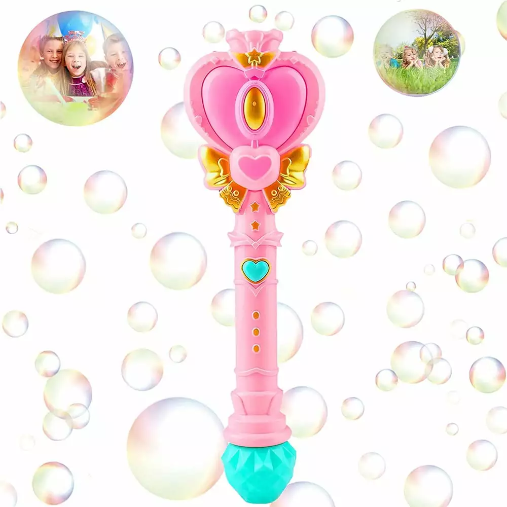 Princess Heart Bubble Wand. Light Up Thrilling LED And Sound Effect Bubble Maker. Outdoor Party Birthday Bubble Machine Toys For Kids Girls (Pink)