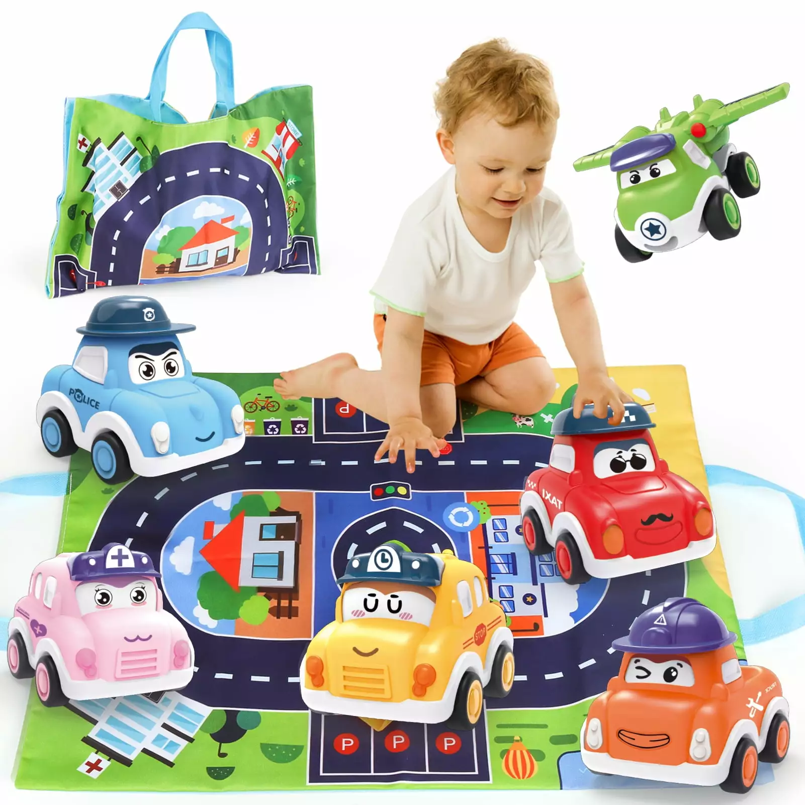 Pull Back Cars for Toddlers 1-3. Vehicles Toy for 1 Year Old Boy.6 Pieces Push and Go Mini Car Set with Playmat Storage Bag.Birthday Present for 1 Year Old Boy